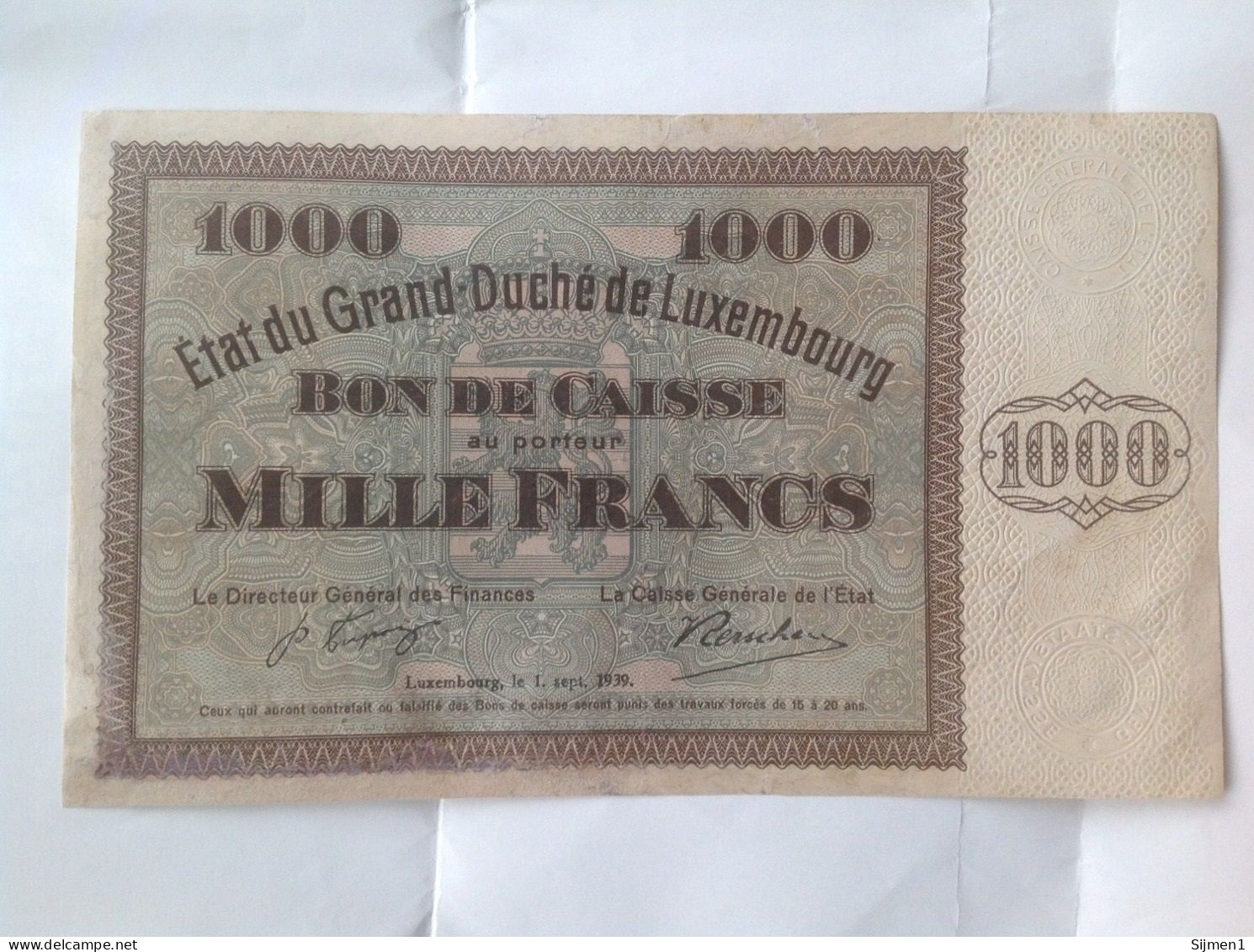 Luxembourg 1000 Francs 1939, Rare - Luxembourg