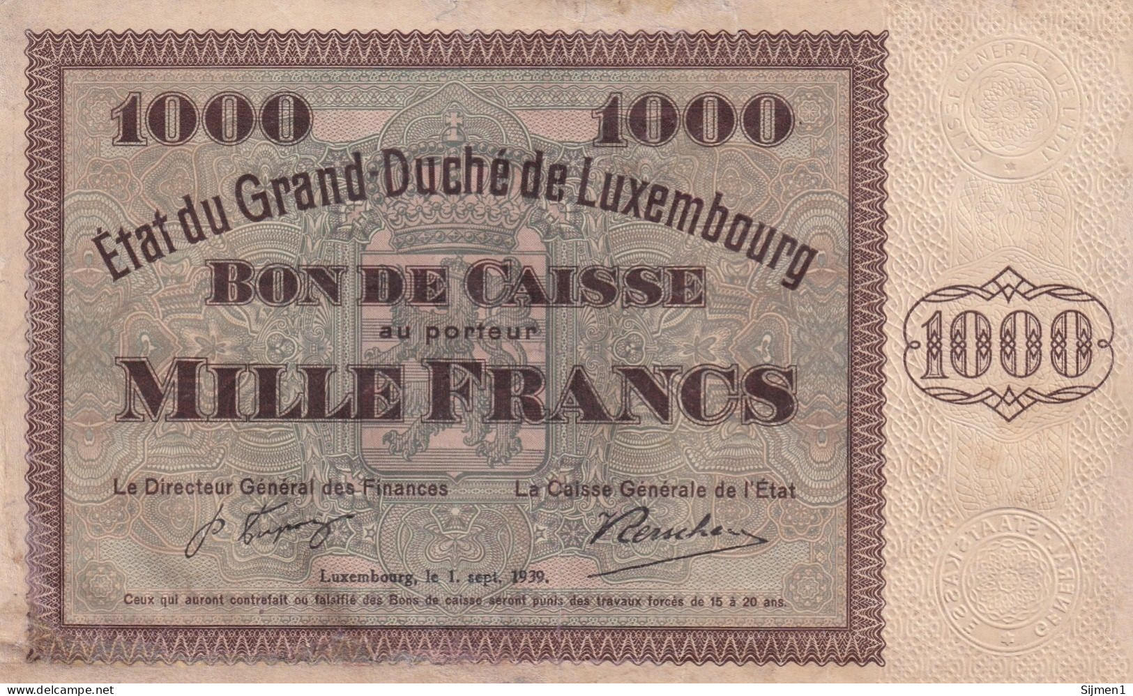 Luxembourg 1000 Francs 1939, Rare - Luxembourg