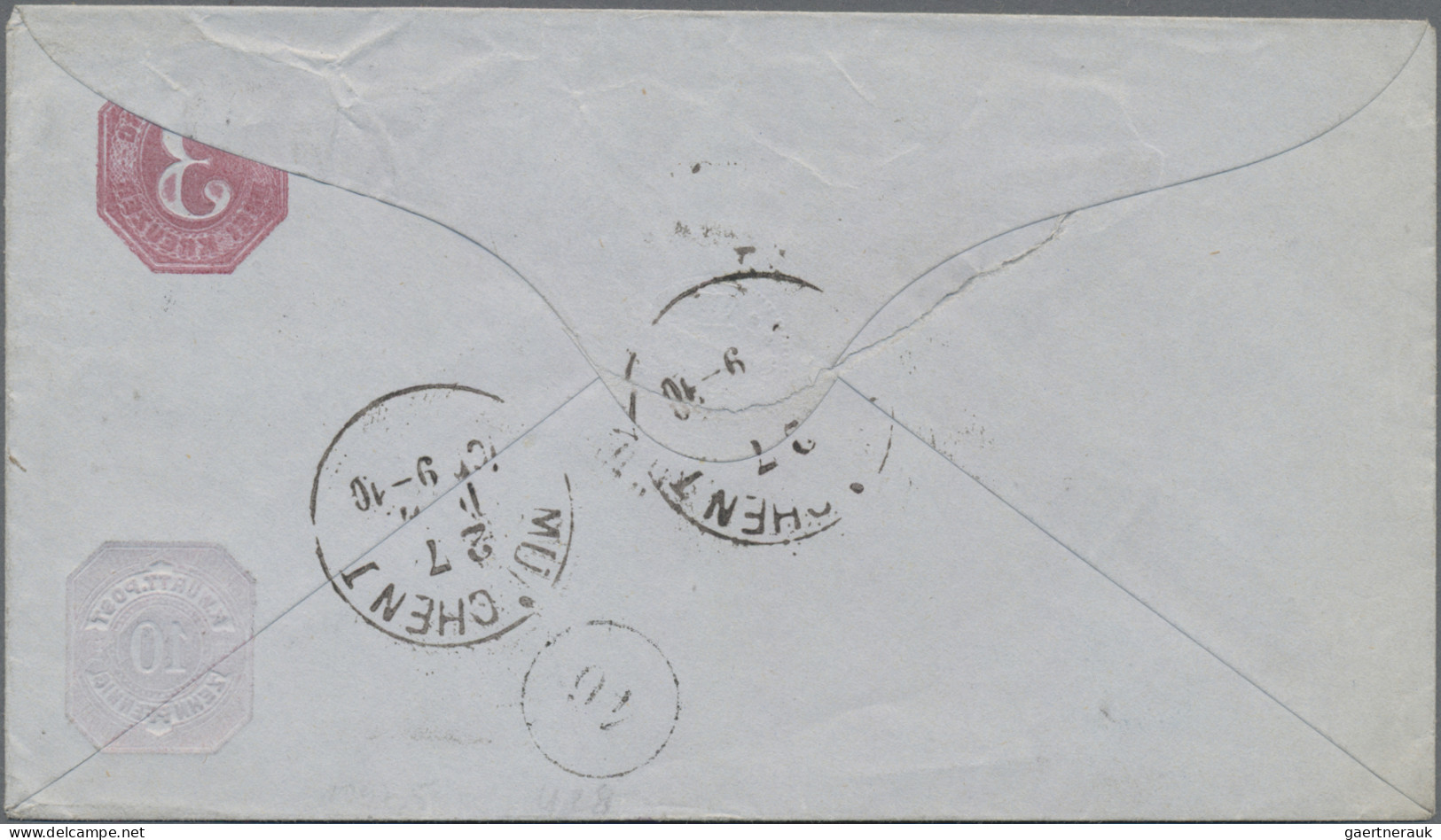 Württemberg - Ganzsachen: 1874, 1 Kr. Umschlag, zwei Exemplare sowie 1875, 3 Kr.