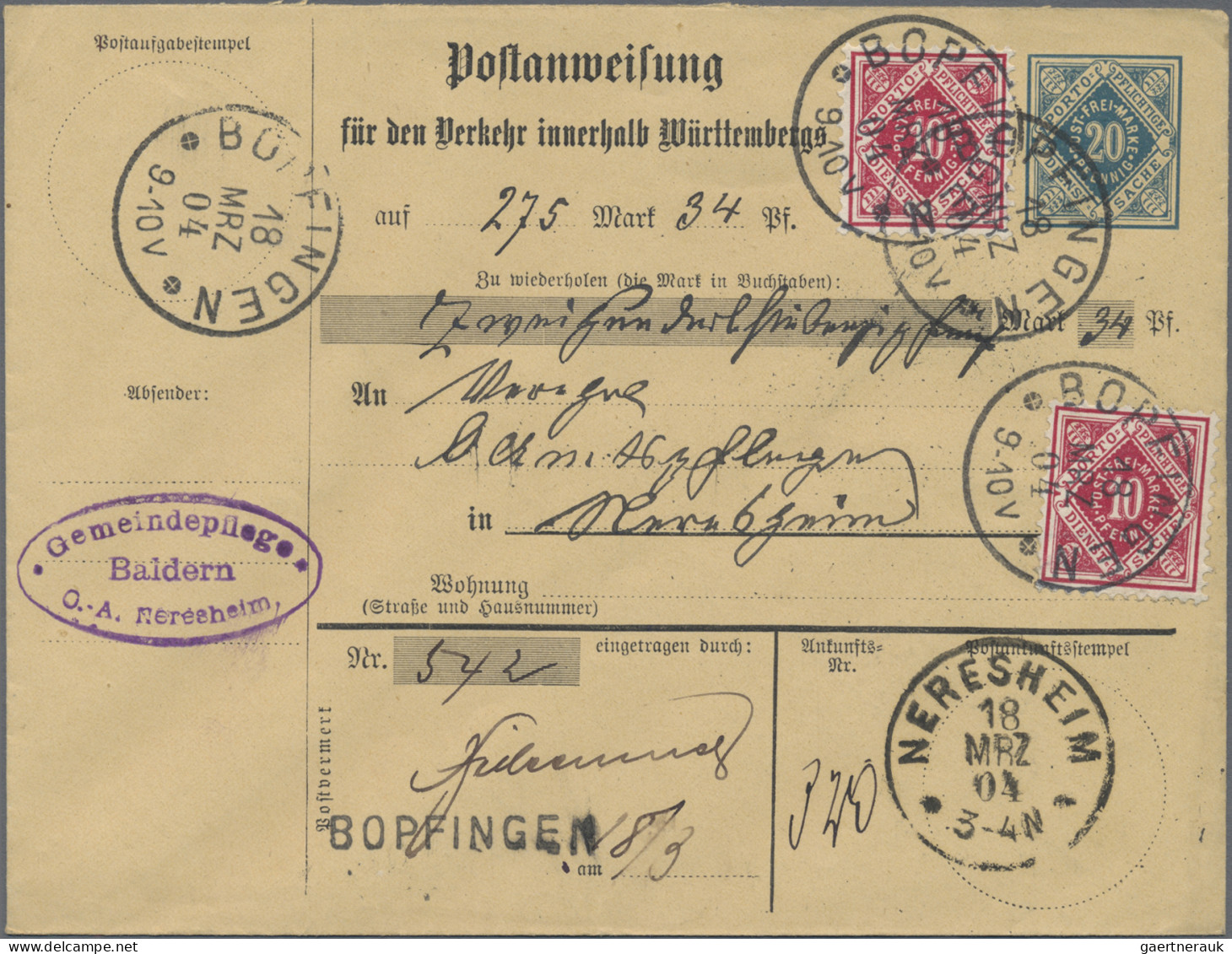 Württemberg - Postanweisungen: 1904, 2 Verschiedene Postanweisungs-GA-Umschläge, - Otros & Sin Clasificación