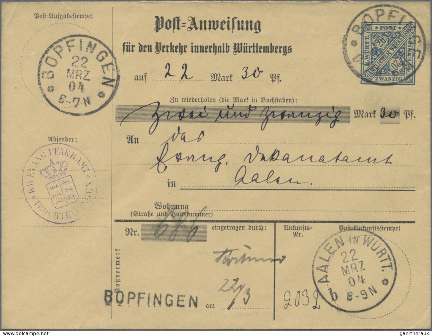 Württemberg - Postanweisungen: 1904, 2 Verschiedene Postanweisungs-GA-Umschläge, - Other & Unclassified