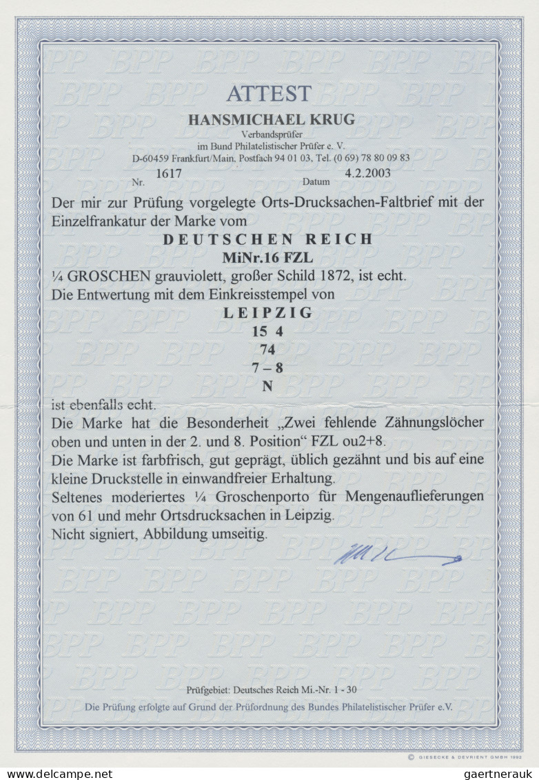 Deutsches Reich - Brustschild: 1874, 1/4 Gr. Grauviolett Gr.Schild Als Portogere - Lettres & Documents