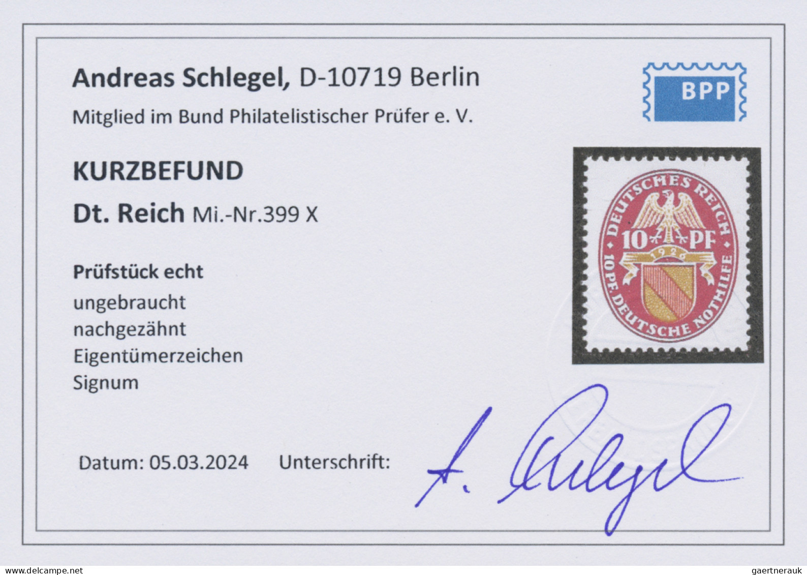 Deutsches Reich - Weimar: 1926, Nothilfe 10 Pfg.+10 Pfg. Mit Stehendem Wasserzei - Ungebraucht