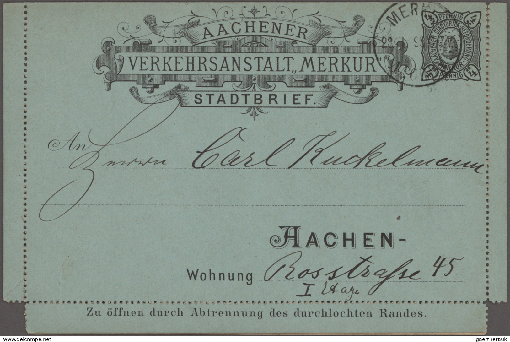 Deutsches Reich - Privatpost (Stadtpost): 1894, AACHEN/Merkur, GA-Kartenbrief 4 - Correos Privados & Locales