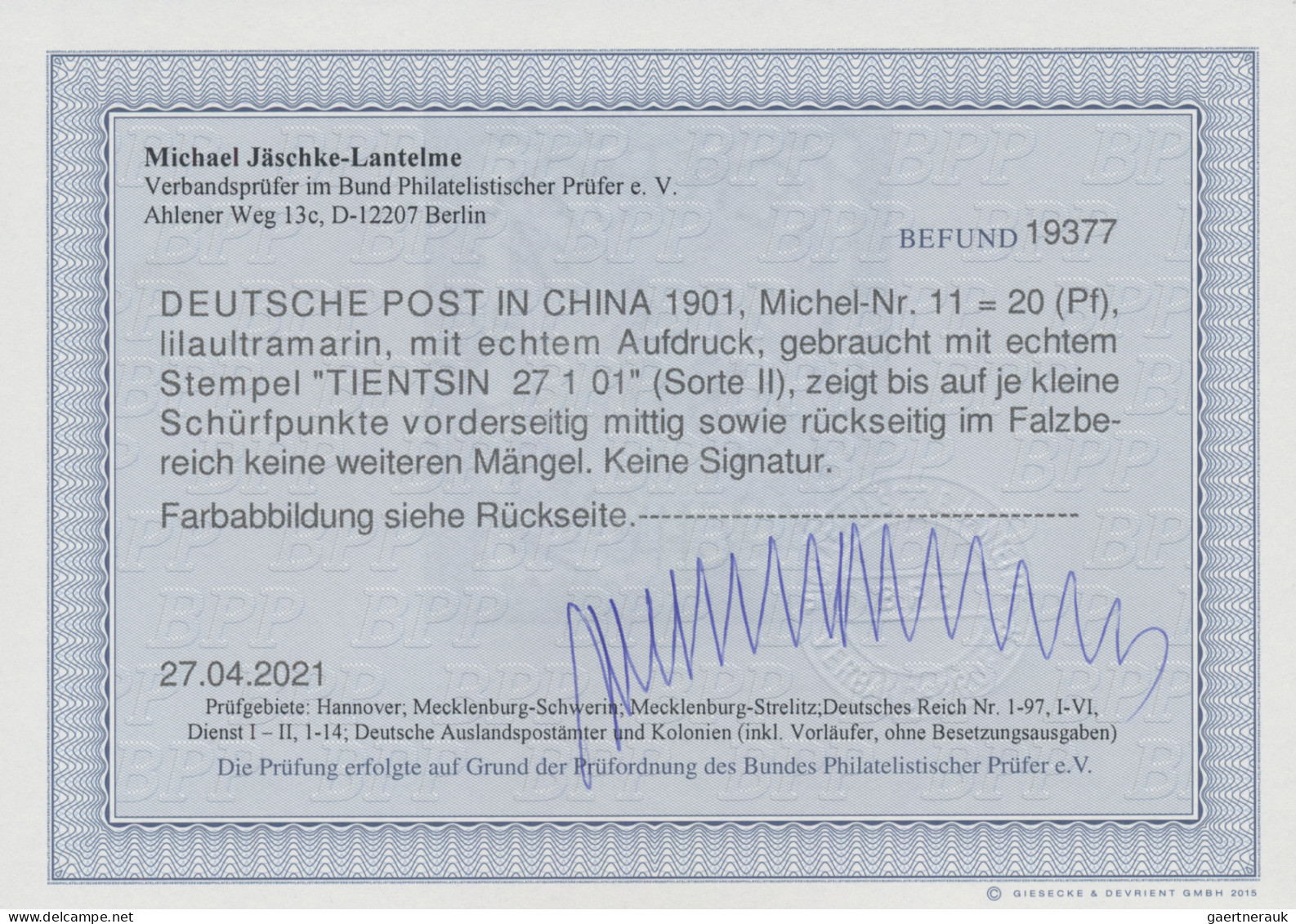 Deutsche Post In China: 1901, Germania 20 Pfg. Lilaultramarin Mit Handstempelauf - Chine (bureaux)