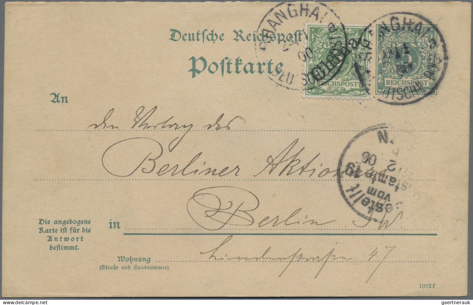 Deutsche Post In China - Ganzsachen: 1900, 5 Pf. Reichspost Grün Frageteil-GA-Ka - Chine (bureaux)
