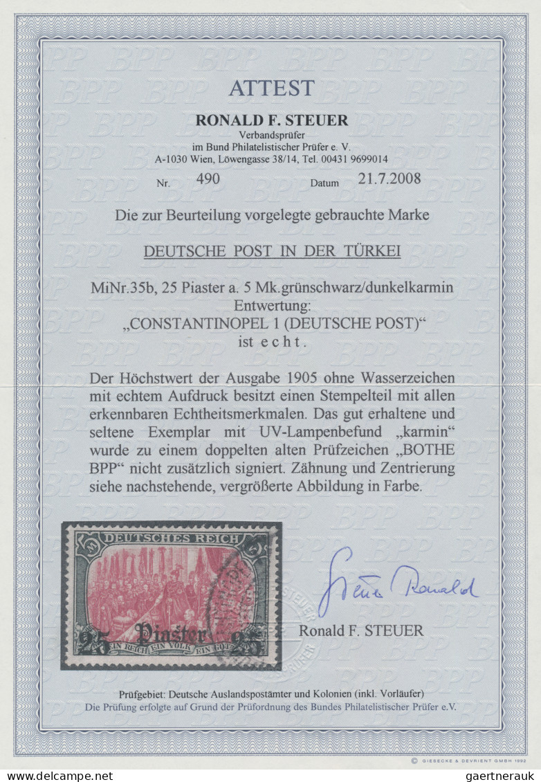 Deutsche Post In Der Türkei: 1905 25 PIA Auf 5 M. Grünschwarz/dunkelkarmin, (UV: - Turkey (offices)