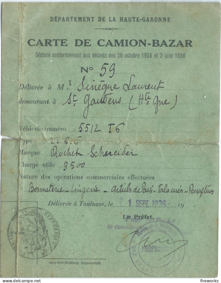 1936 - Carte De Camion-Bazar De Marque Rochet-Schneider Délivré à Mr SINEGRE Laurent De St Gaudens (31) - Ohne Zuordnung