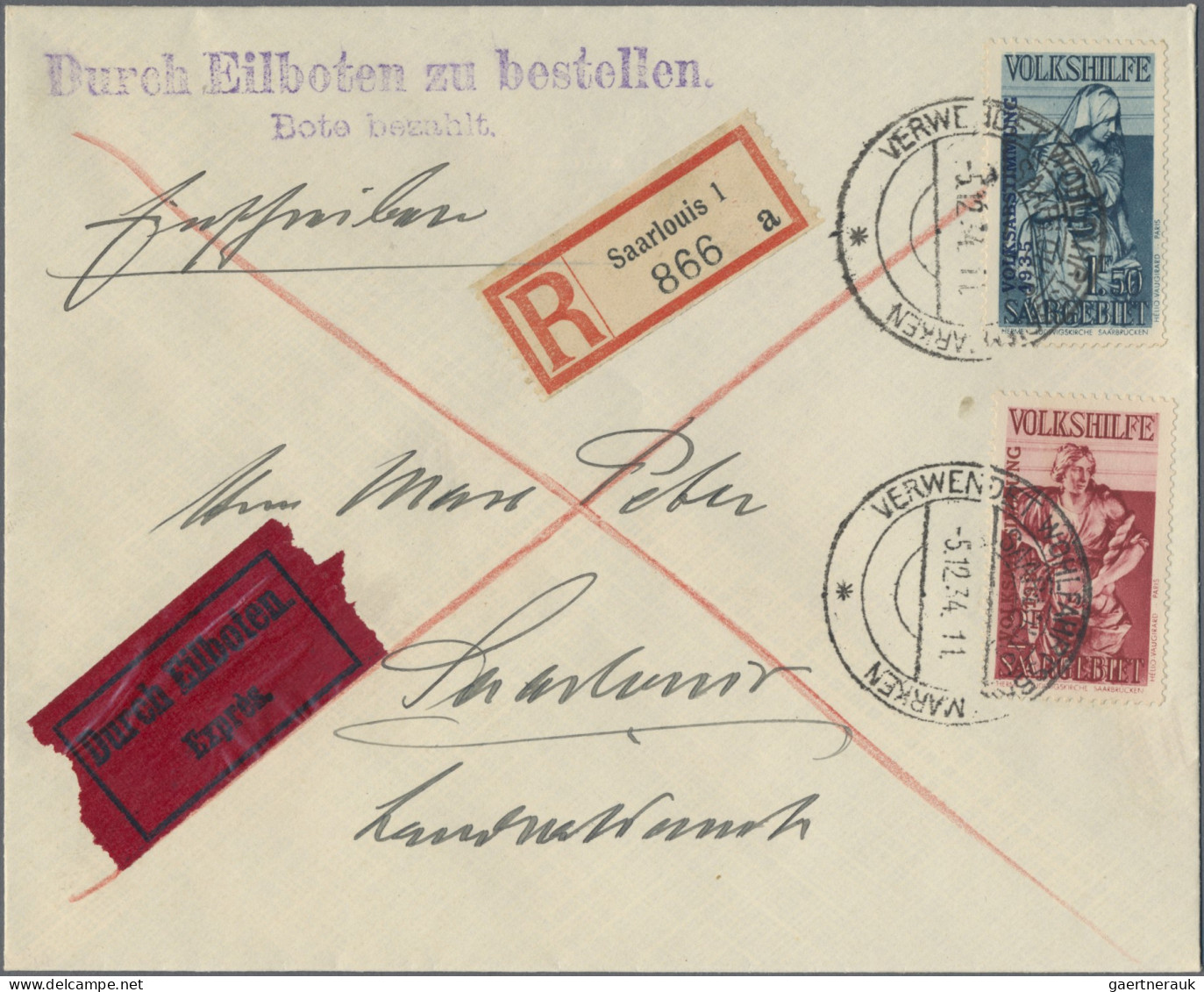 Deutsche Abstimmungsgebiete: Saargebiet: 1934, Volkshilfe-Abstimmungsaufdruck, K - Cartas & Documentos
