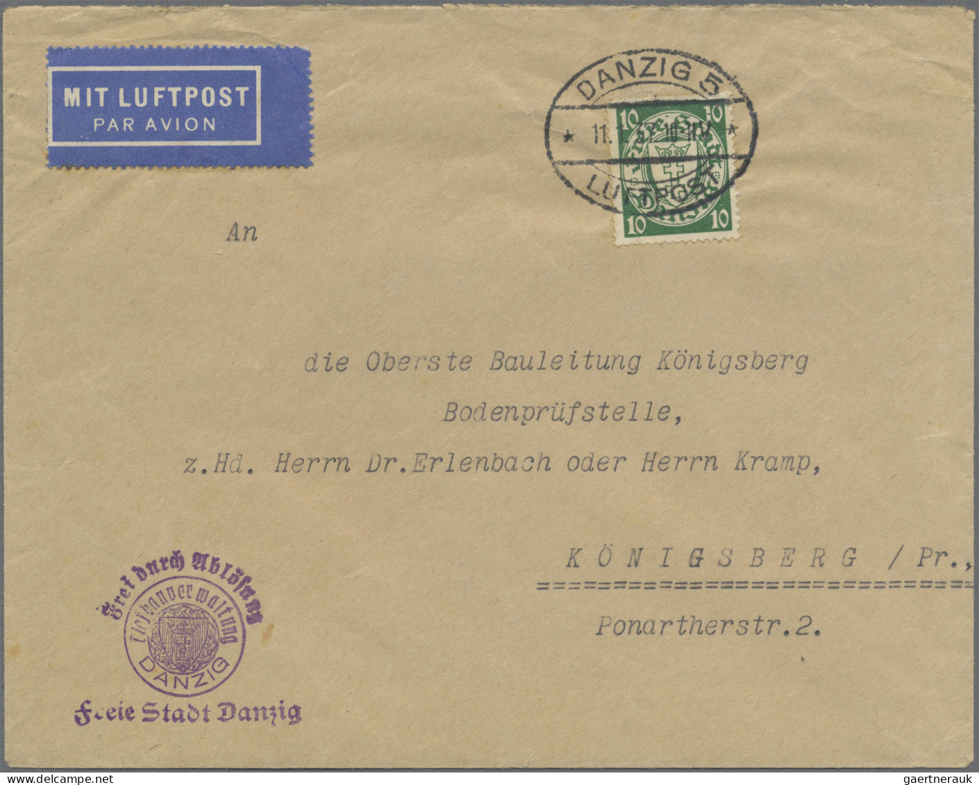 Danzig: 1937, Wappen 10 Pfg. Grün Als Portogerechte Einzelfrankatur Für Den Luft - Sonstige & Ohne Zuordnung