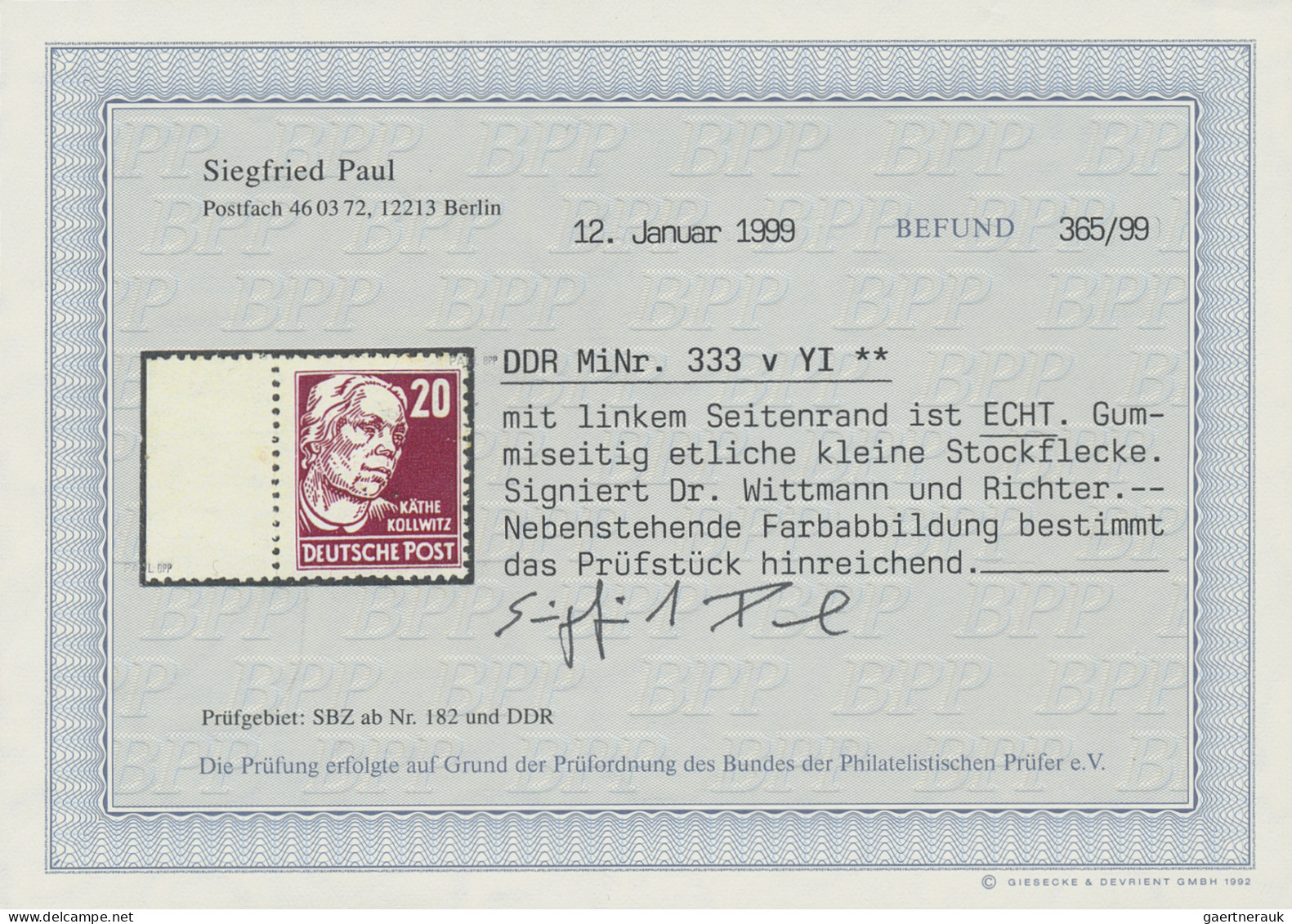 DDR: 1953, Persönlichkeiten: K. Kollwitz 20 (Pf) Karminrot, Auf Gestrichenem Pap - Ongebruikt