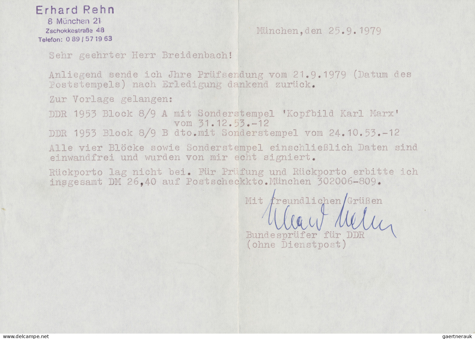 DDR: 1953, Marx-Blocks komplett mit SST und vollem Originalgummi, signiert Rehn