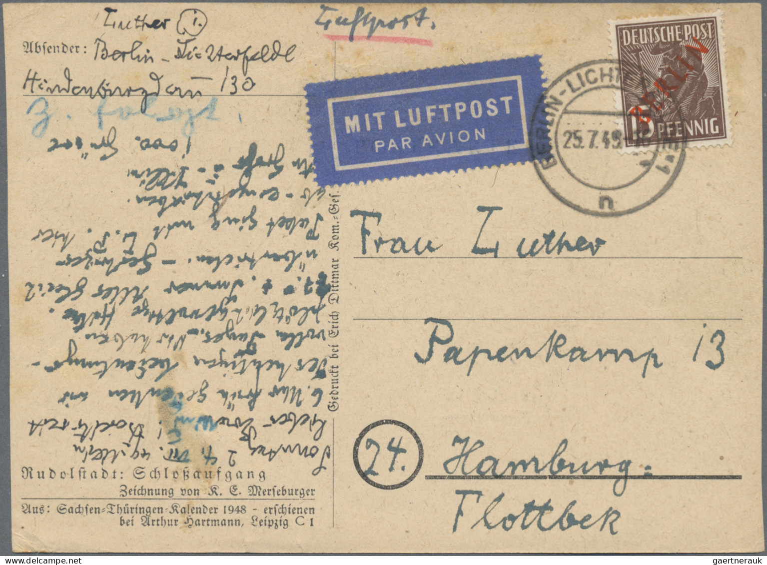 Berlin: 1949, 15 Pfg. Rotaufdruck Als Portogerechte Einzelfrankatur Auf Luftpost - Lettres & Documents