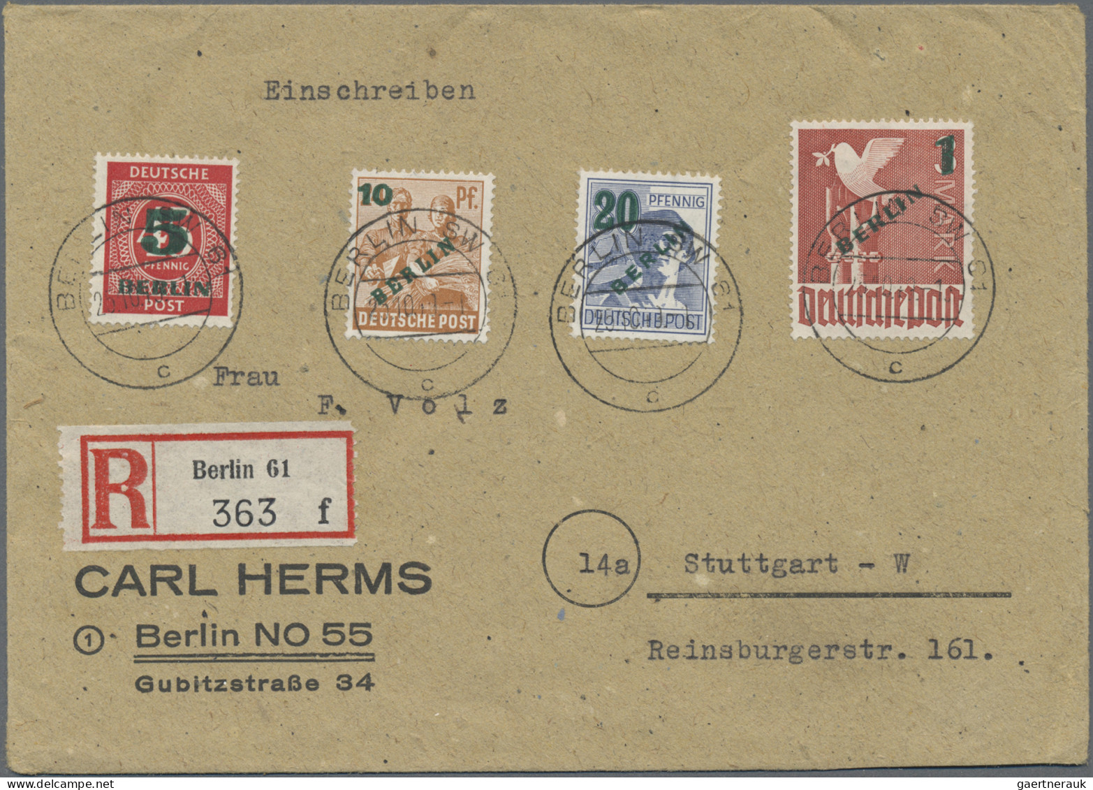 Berlin: 1949, Grünaufdruck Als Attraktive Satzfrankatur Auf R-Brief Von "BERLIN - Lettres & Documents