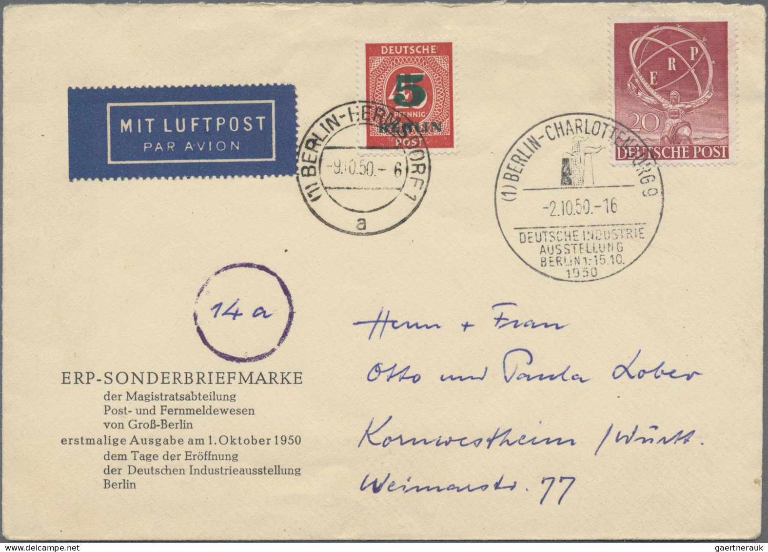 Berlin: 1950, 20 Pfg. ERP Und 5 Pfg. Grünaufdruck, Zwei Portogerechte Frankature - Briefe U. Dokumente