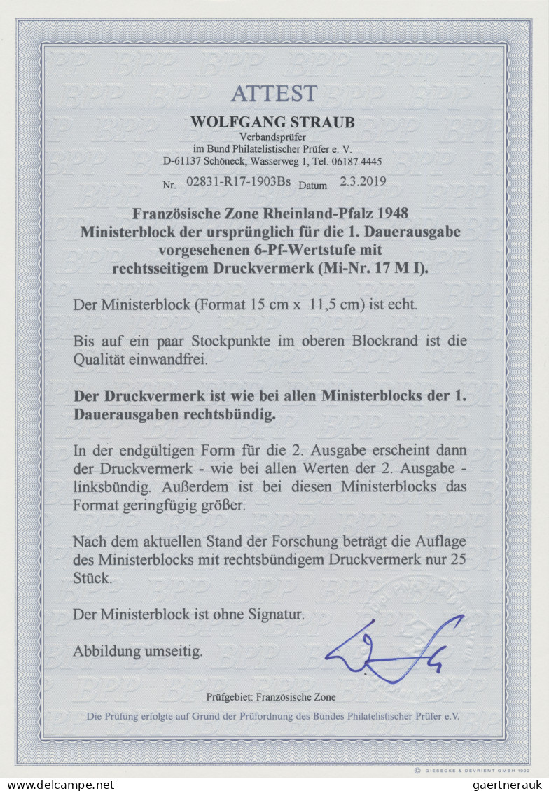 Französische Zone - Rheinland Pfalz: 1948, 2. Freimarkenausgabe: Seltener Minist - Autres & Non Classés