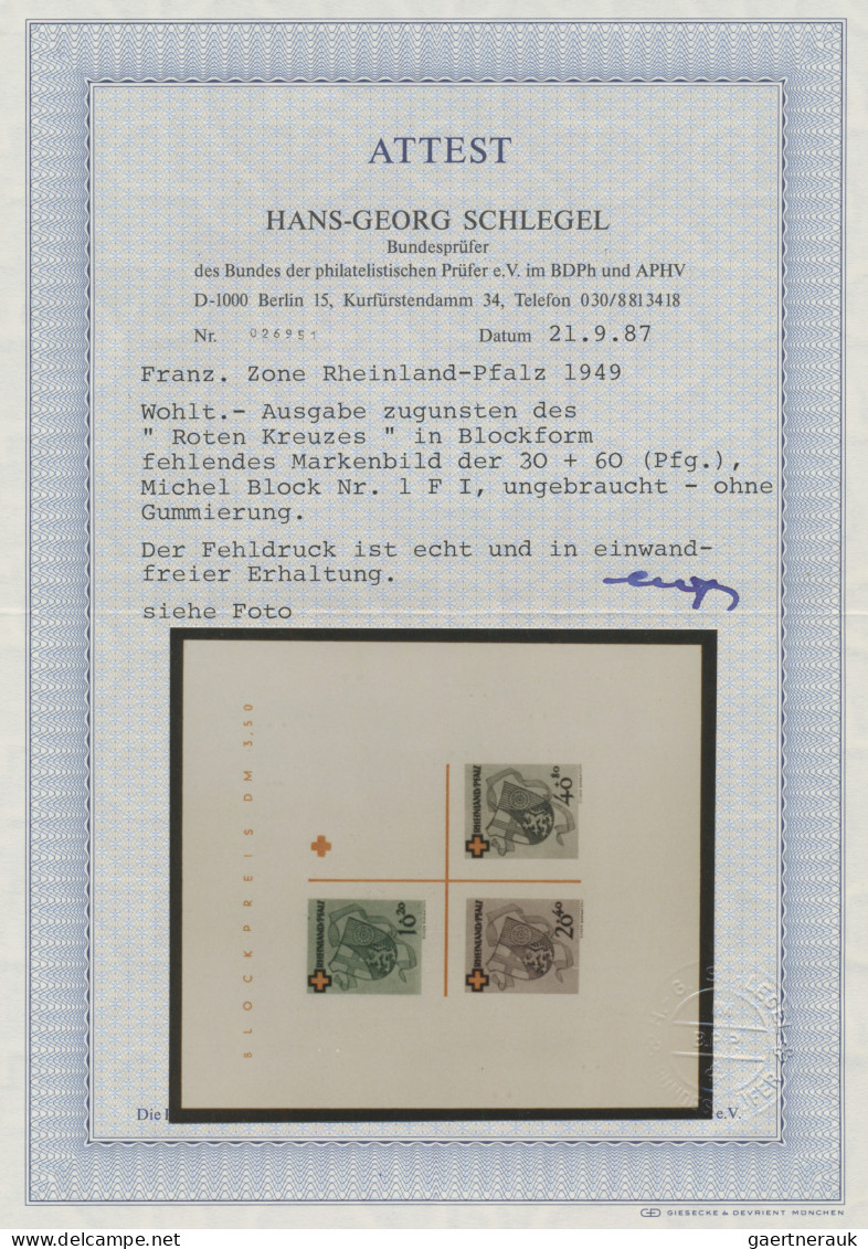 Französische Zone - Rheinland Pfalz: 1949, Rotes-Kreuz-Block Mit Fehlender Farbe - Andere & Zonder Classificatie