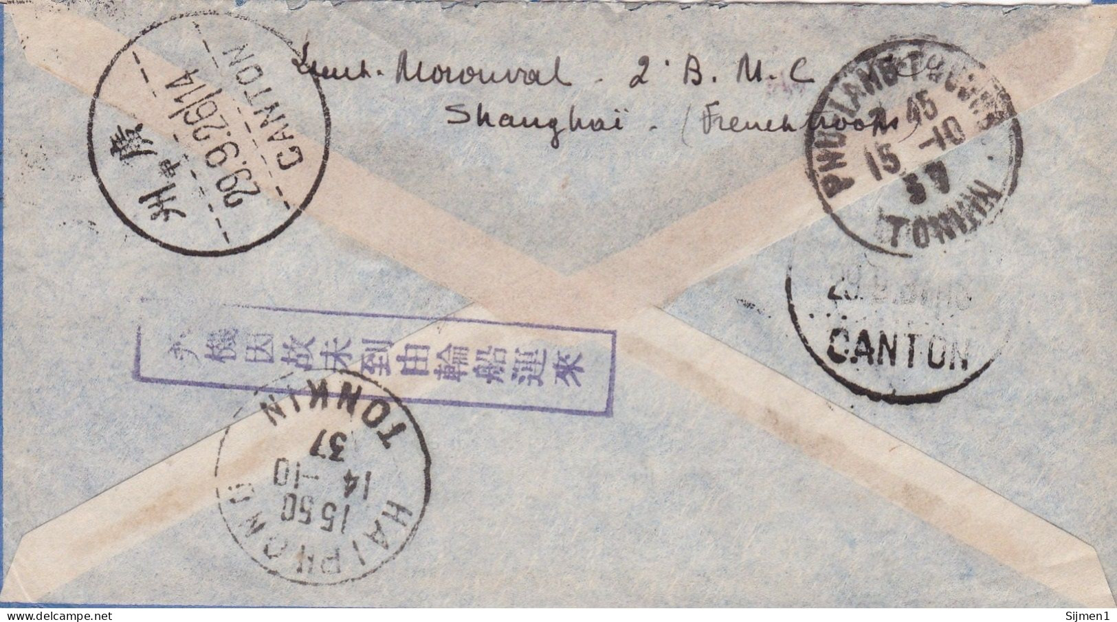 CHINE 1937 Air Mail Delay Seal Transport By Steamer Poste Aérienne Cachet Retard Transport Par Steamer To/pour Hanoï - 1912-1949 Republic