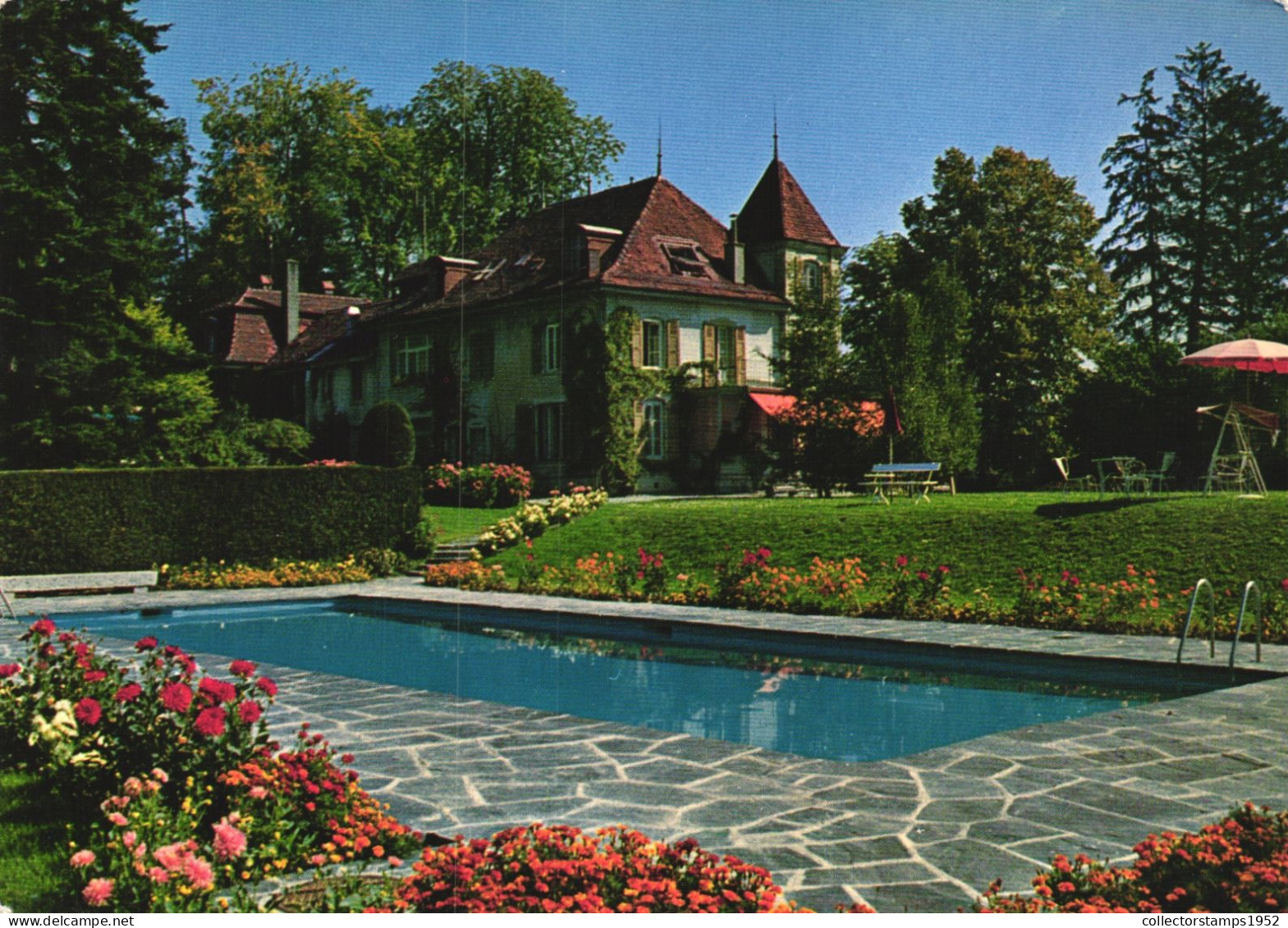 LAUSANNE, VAUD, CASTLE, ARCHITECTURE, POOL, RESORT, GARDEN, UMBRELLA, SWITZERLAND, POSTCARD - Lausanne