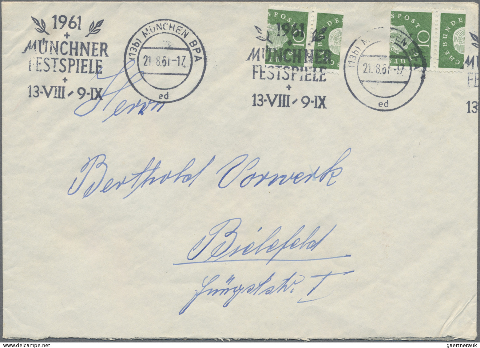 Bundesrepublik Deutschland: 1959, Heuss III, 10 (Pf), 2 Marken, Extrem Verschnit - Briefe U. Dokumente