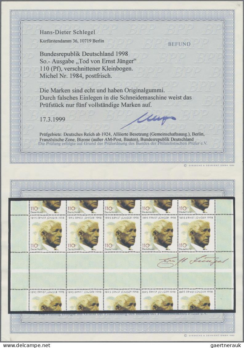 Bundesrepublik Deutschland: 1998, Tod Von Ernst Jünger 110(Pf), Verzähnter Klein - Unused Stamps