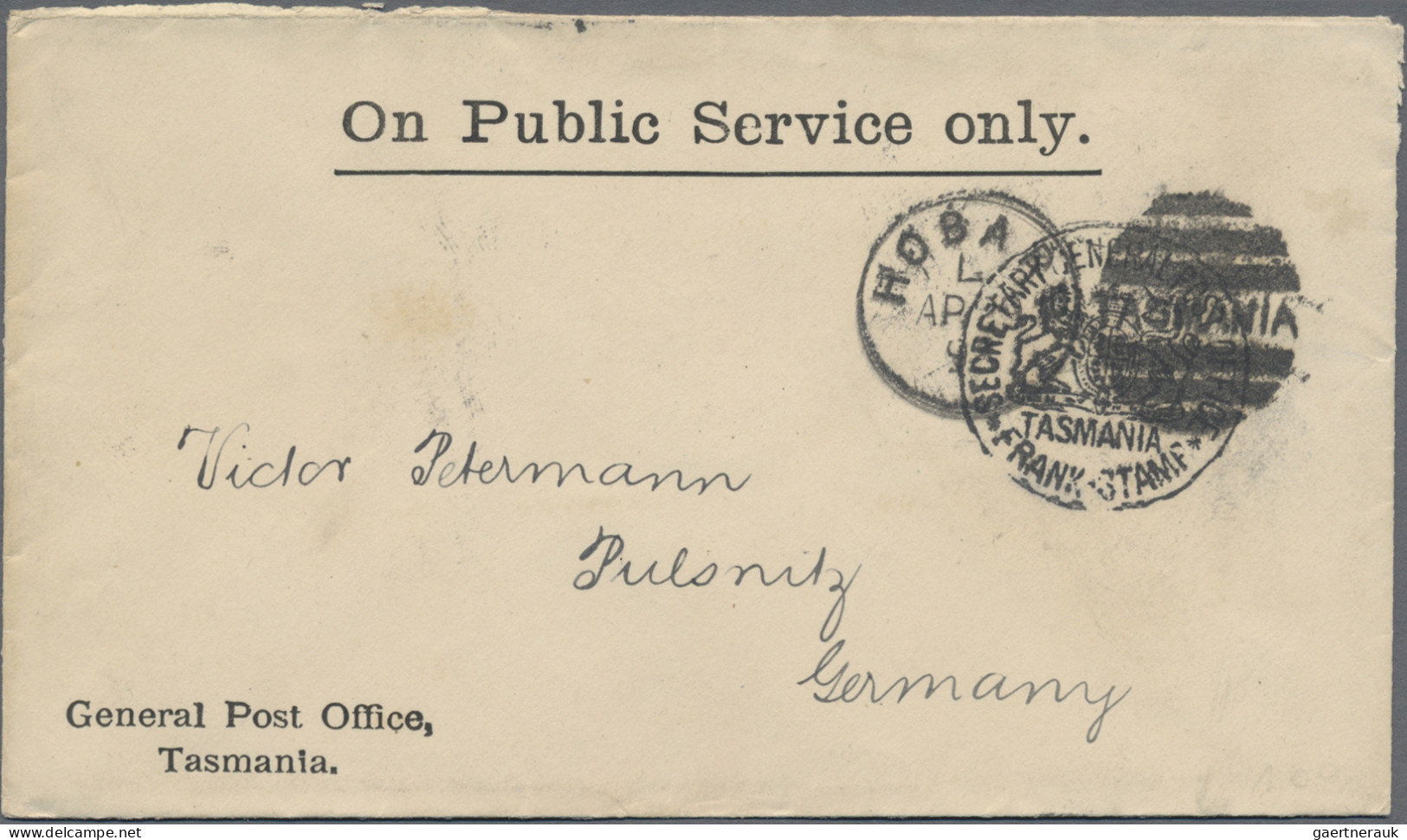 Australia: 1898/1934, Five Entires: Tasmania OPS Only Envelope Marked "Secretary - Sammlungen