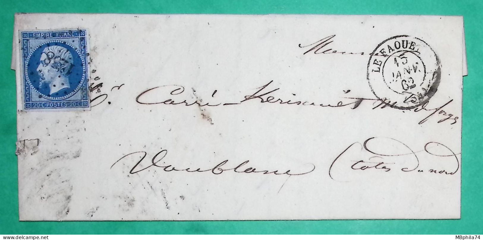 N°14B PC 1238 LE FAOUET MORBIHAN POUR VAUBLANC COTES DU NORD 1862 LETTRE COVER FRANCE - 1849-1876: Période Classique