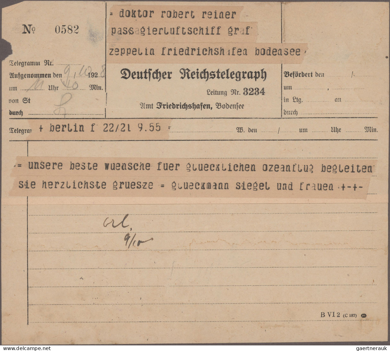 Thematics: Zeppelin: 1928, Vier Telegramme An Dr.Robert Reiner, Passagier An Bor - Zeppelins