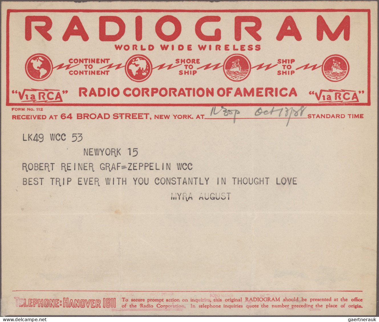 Thematics: Zeppelin: 1928, Vier Telegramme An Dr.Robert Reiner, Passagier An Bor - Zeppelins