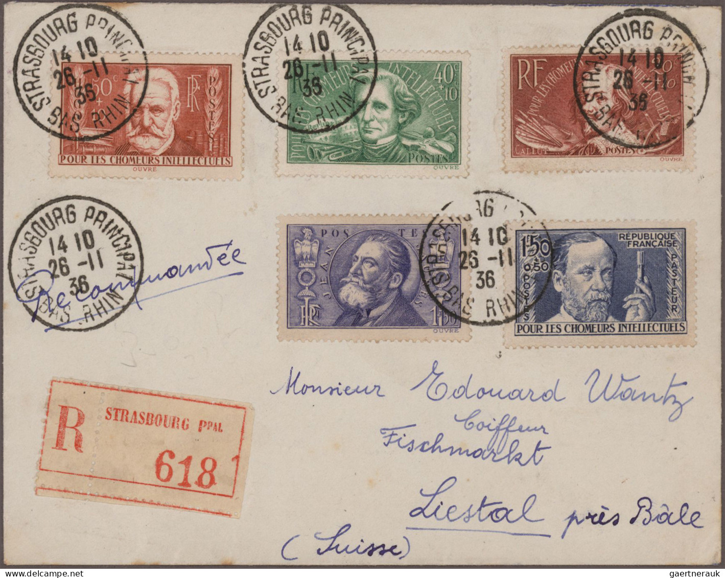 France: 1916/1936 Group Of Six Registered Covers From France To Switzerland With - Collections