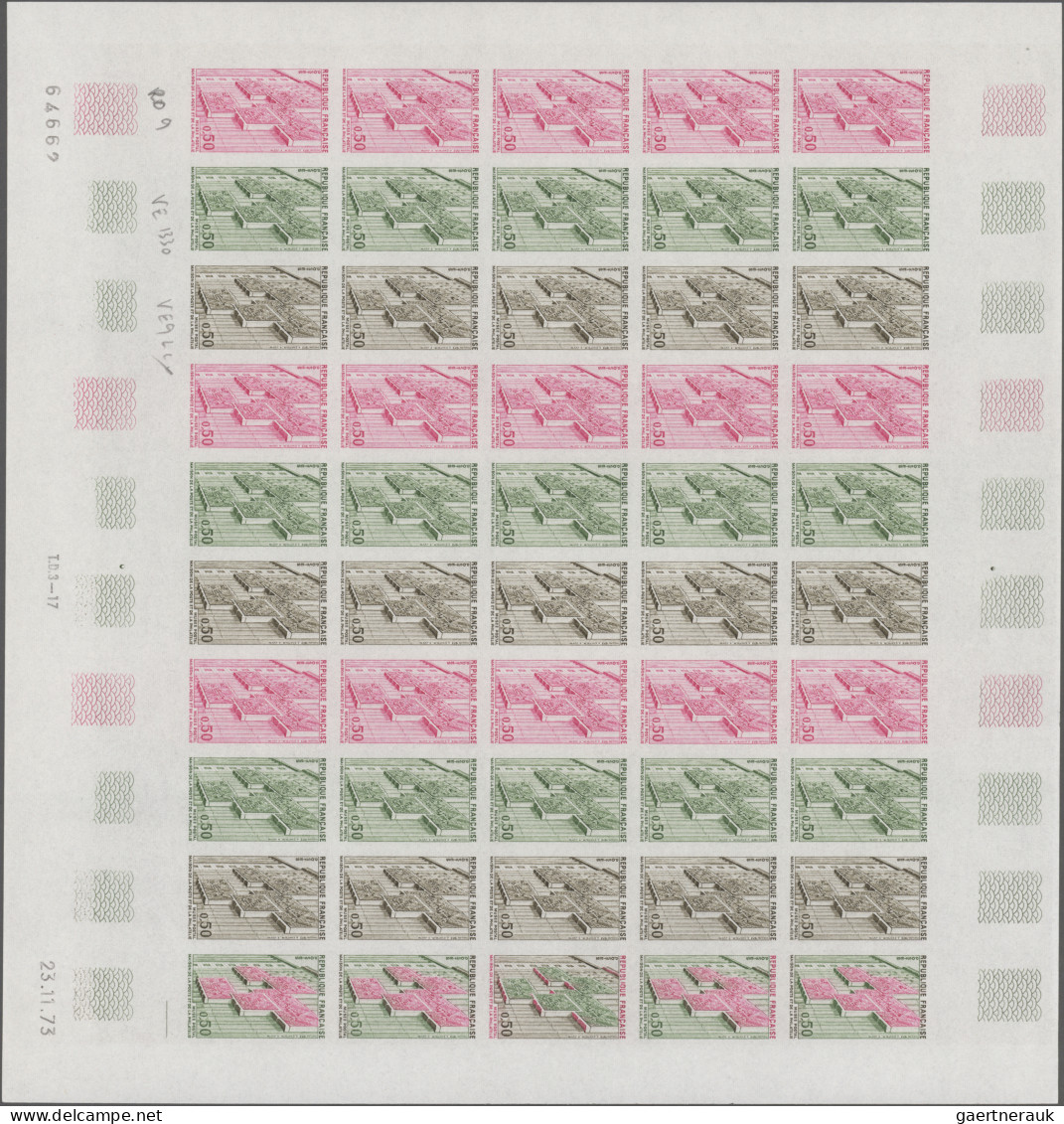France: 1973, 0.50fr. Post Museum, Three Imperforate Colour Proof Sheets Of 50 S - Collections