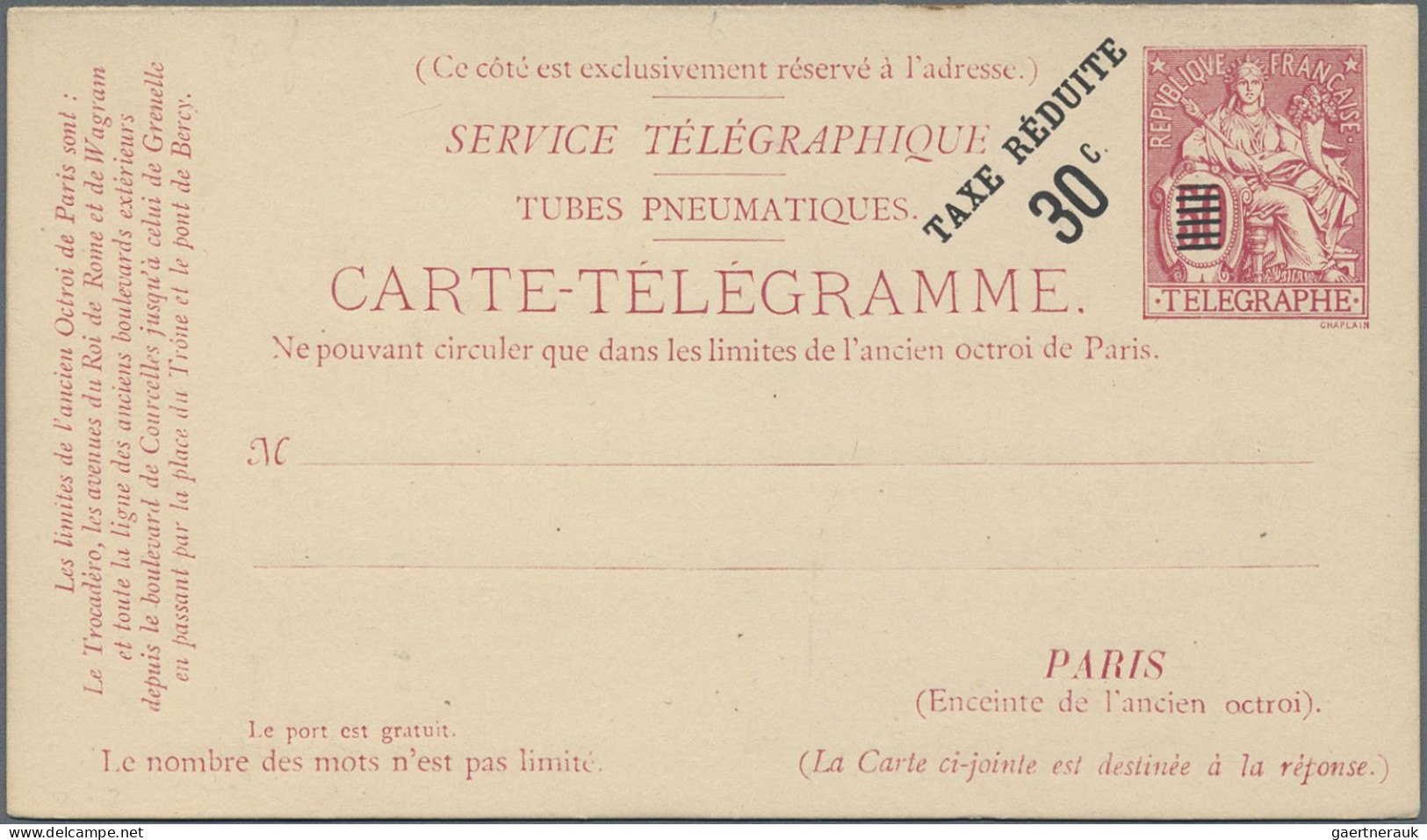 France - Postal Stationery: 1879/1899, Pneumatic Mail "Tube Cards", Collection O - Autres & Non Classés