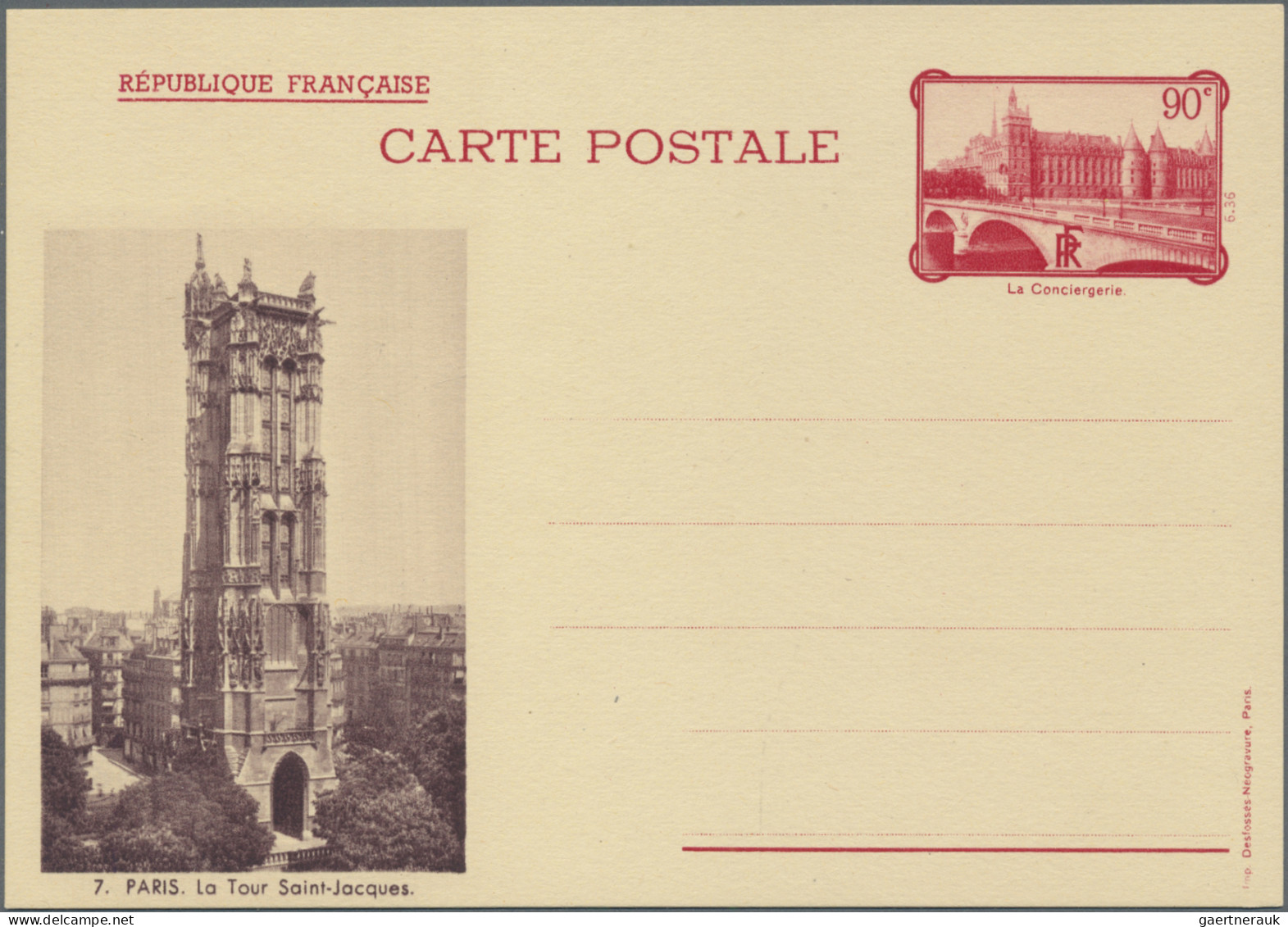 France - Postal Stationery: 1936, Pictorial Card 90c. Red "REPUBLIQUE FRANCAISE" - Other & Unclassified