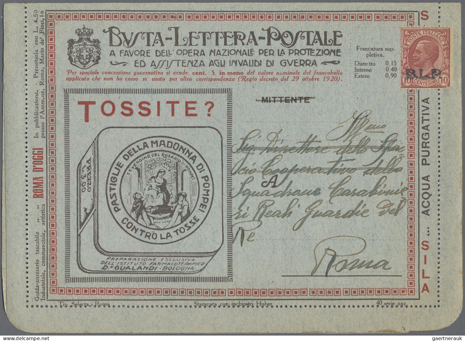 Italy: 1920/1923, BUSTE LETTERE POSTALI, Group Of Three Letters Bearing Sass. No - Collections