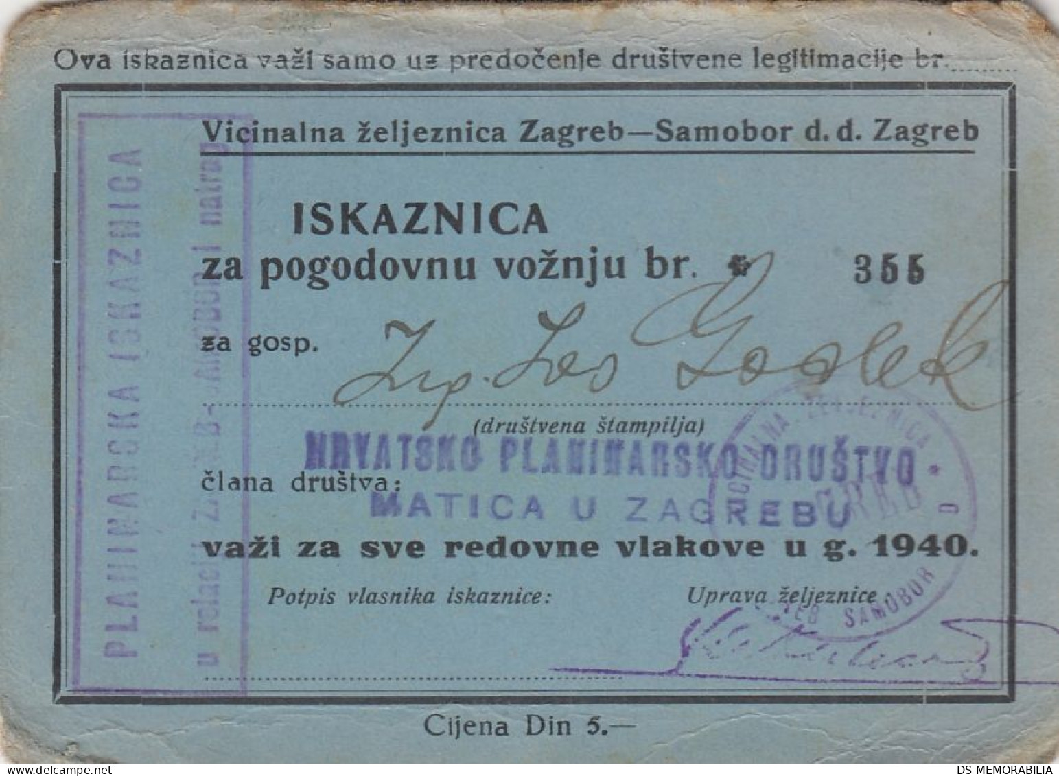 Narrow Gauge Railway Zagreb - Samobor Croatia Annual Train Ticket Year 1940 - Europe