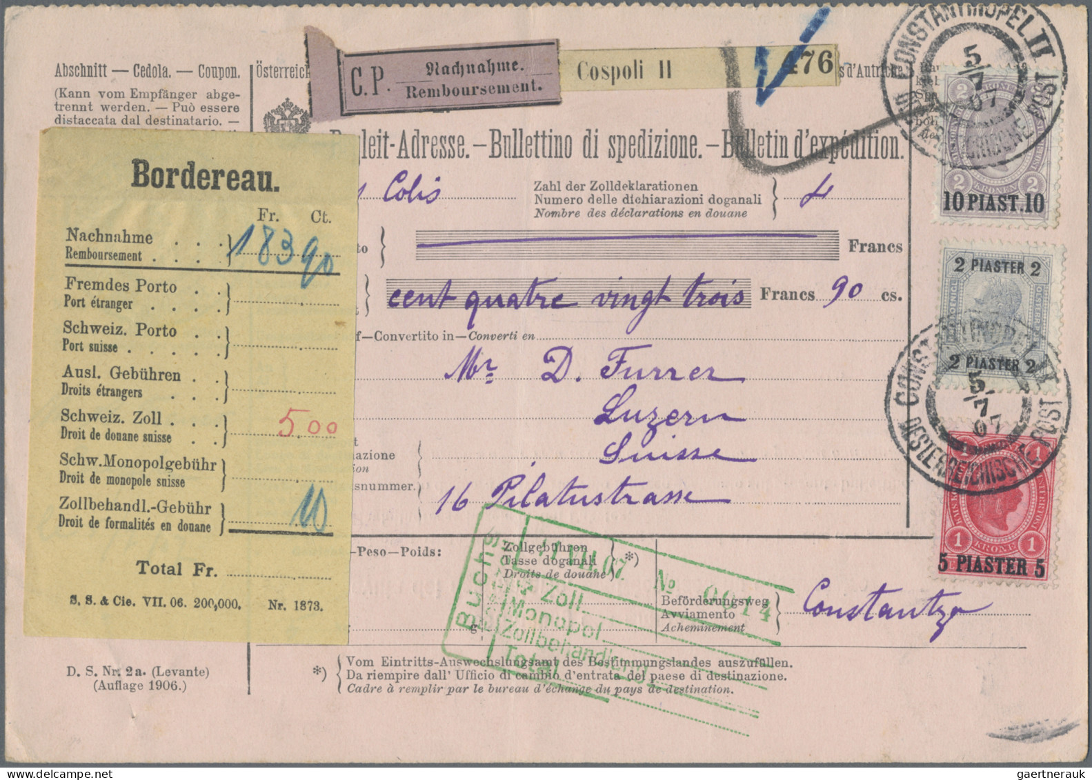 Österreichische Post In Der Levante: 1905/1907, Lot Von Drei Paketkarten Mit Hoh - Oriente Austriaco