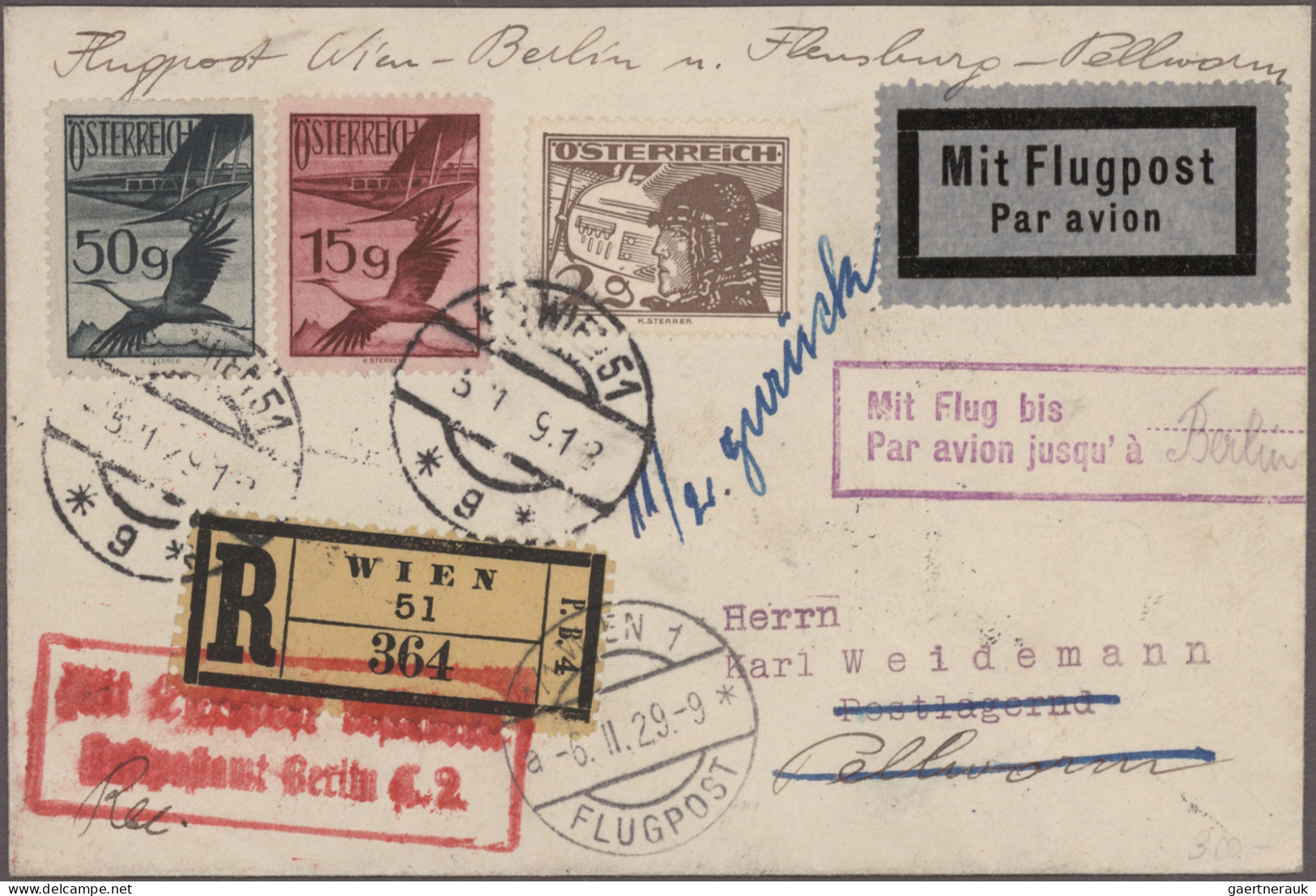 Österreich - Flugpost: 1929/1937, Partie von sieben dekorativen Flugpostbriefen,