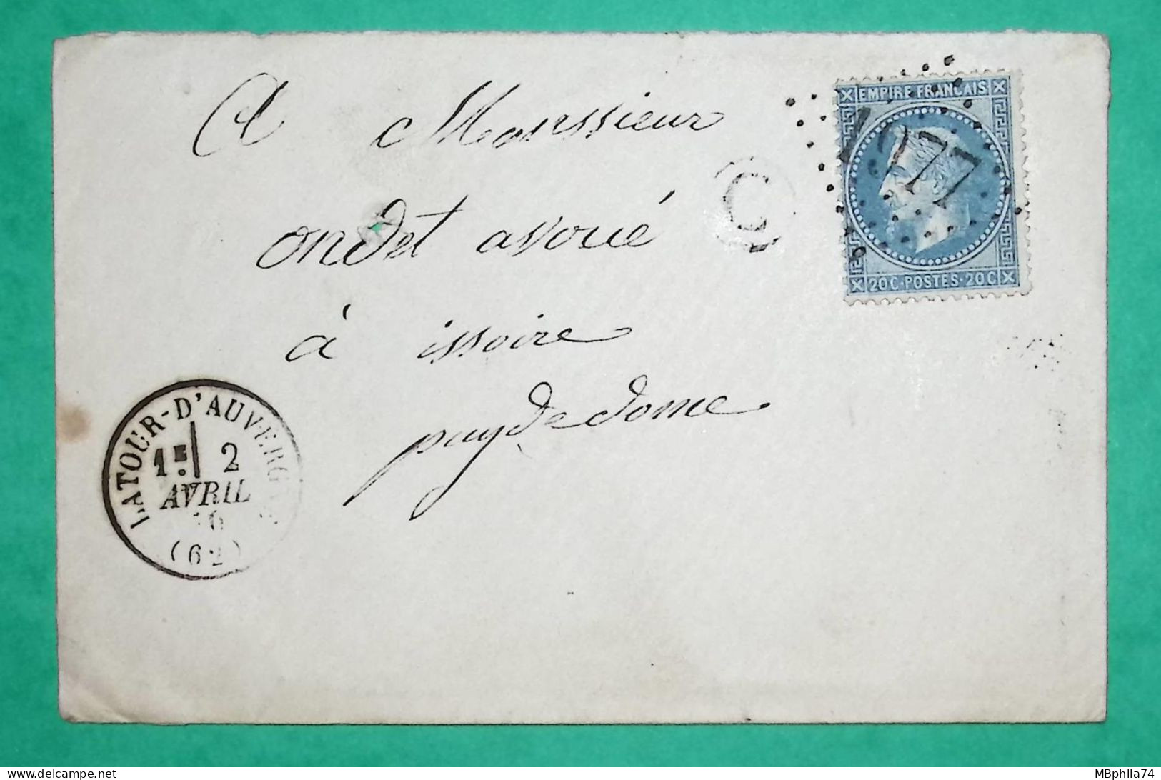 N°29 GC 1977 LATOUR D'AUVERGNE PUY DE DOME BOITE RURALE C POUR ISSOIRE 1870 LETTRE COVER FRANCE - 1849-1876: Période Classique