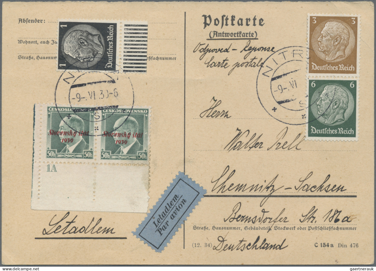 Slovakia: 1939/1940, Lot Of 13 Returned Airmail Reply Cards To Chemnitz/Germany, - Lettres & Documents