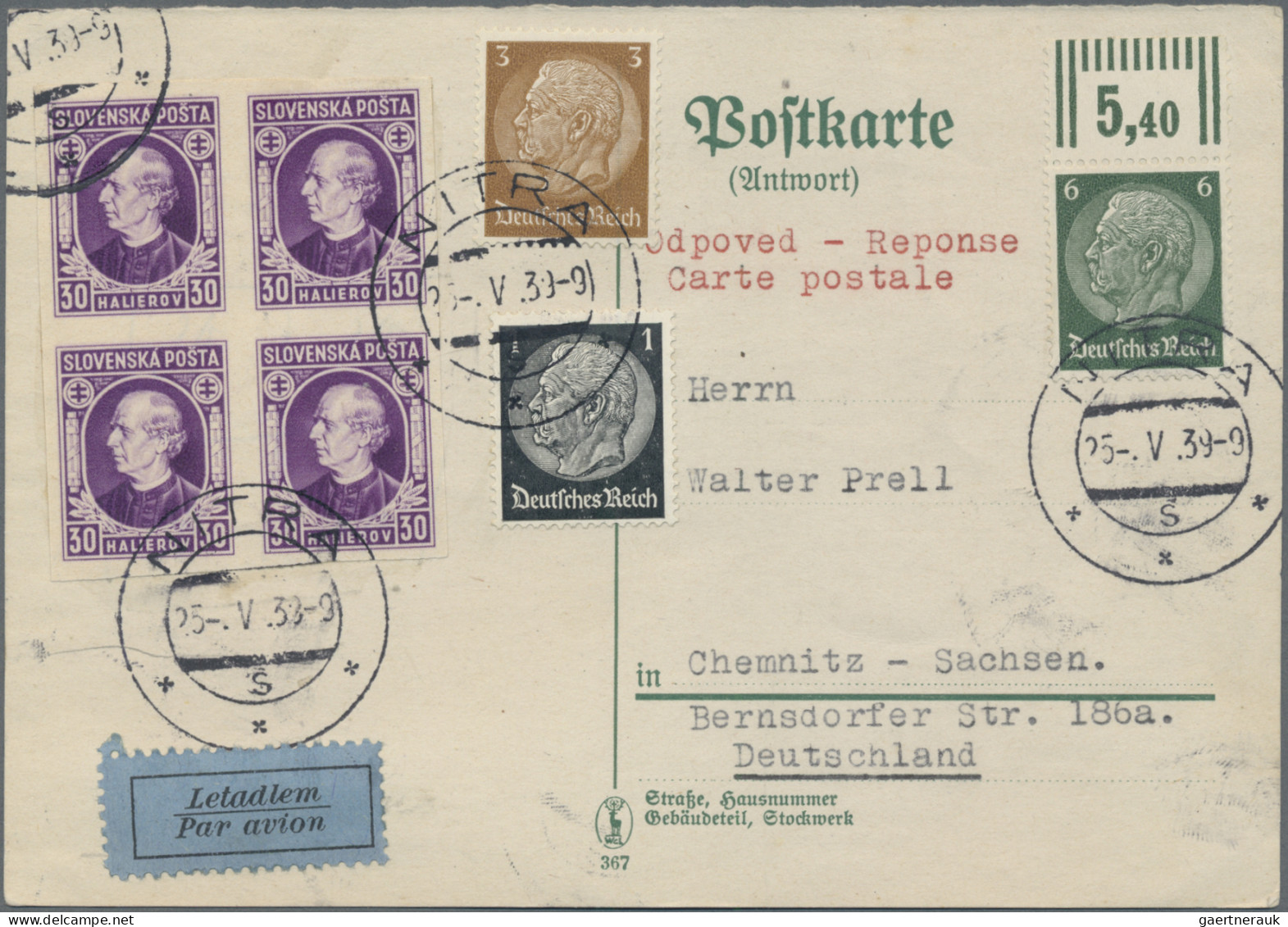 Slovakia: 1939/1940, Lot Of 13 Returned Airmail Reply Cards To Chemnitz/Germany, - Lettres & Documents