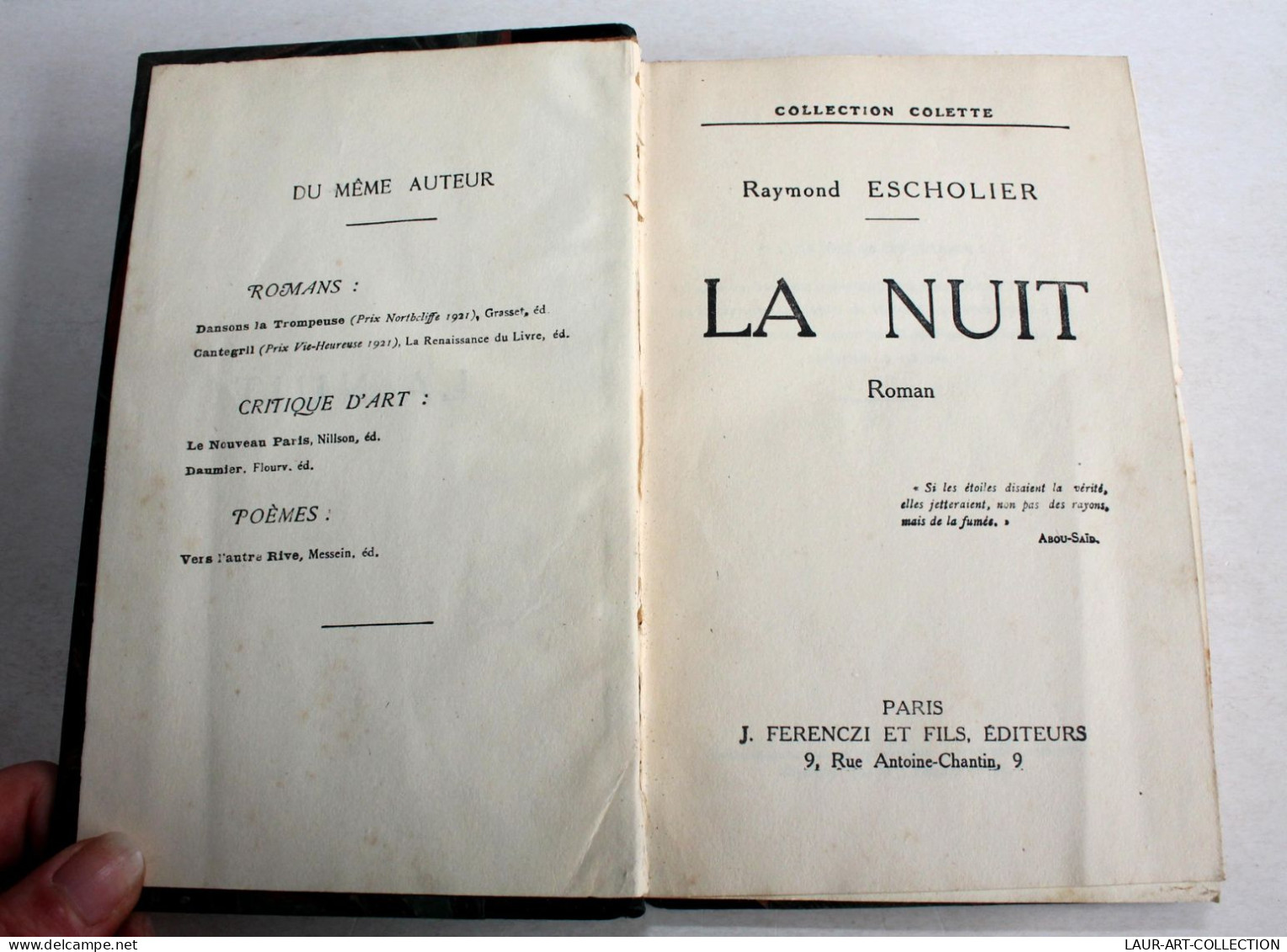 LA NUIT, ROMAN De RAYMOND ESCHOLIER 1923 FERENCZI EDITEURS, COLLECTION COLETTE / LIVRE ANCIEN XXe SIECLE (1303.67) - 1901-1940