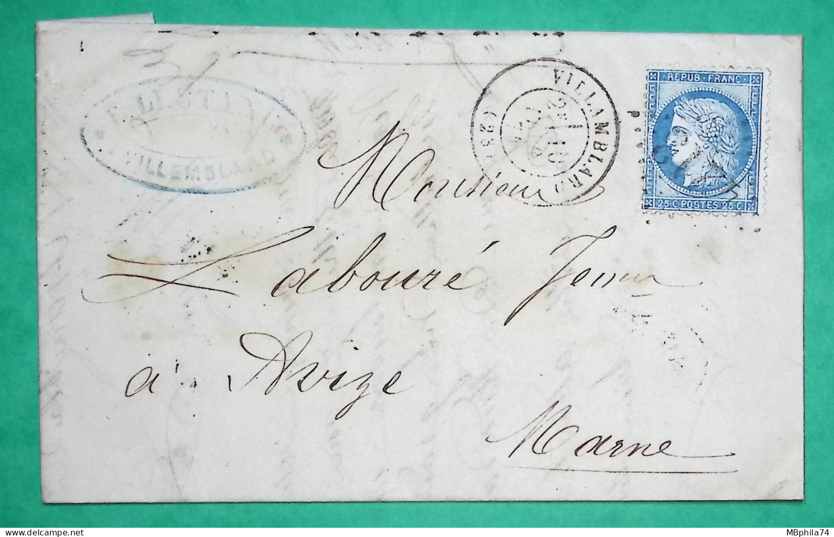 N°60A GC 4213 VILLAMBLARD DORDOGNE POUR AVIZE MARNE 1874 LETTRE COVER FRANCE - 1849-1876: Période Classique