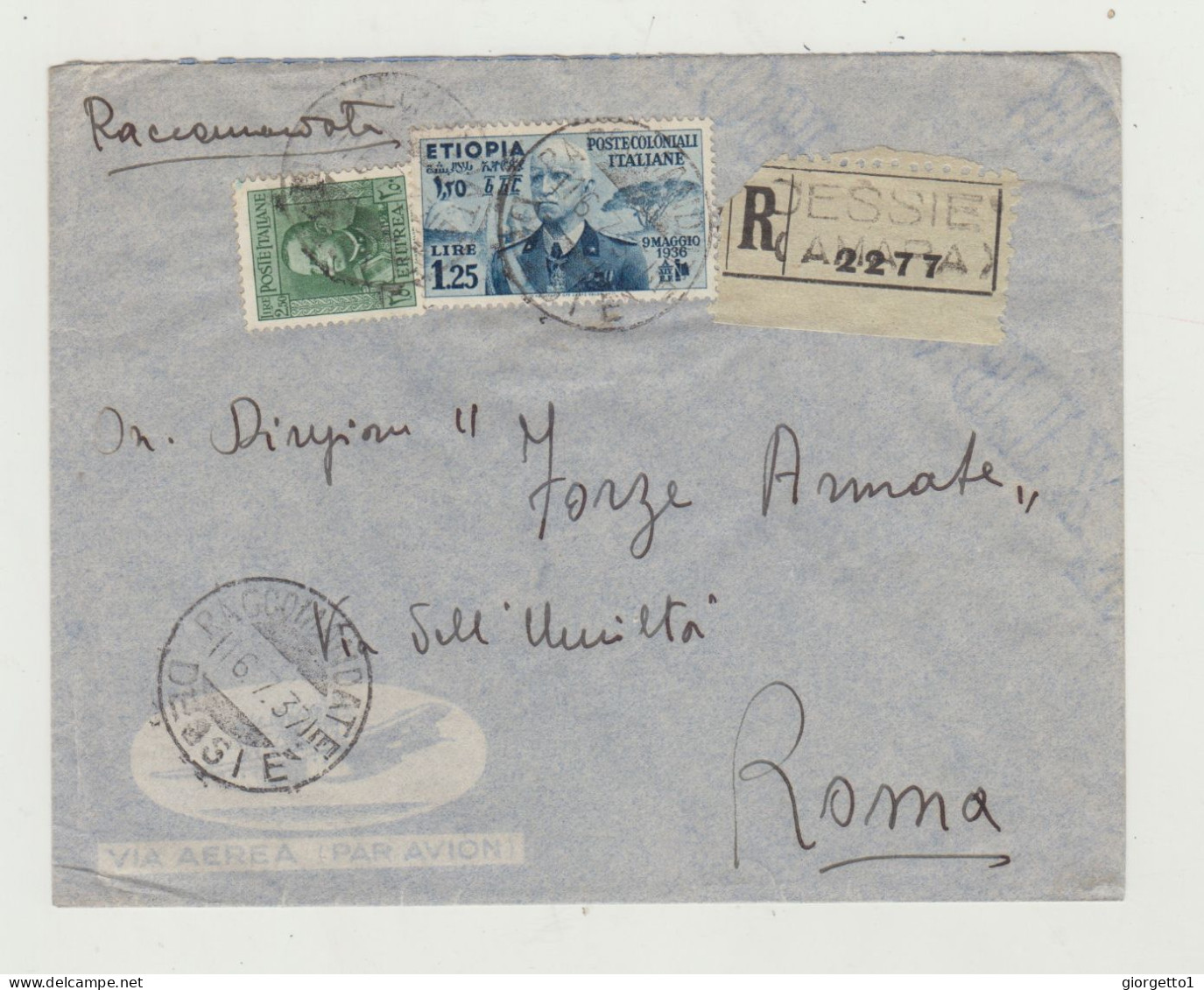 BUSTA SENZA LETTERA - RACCOMANDATA - ANNULLO DESSIE DEL 1937 - ETIOPIA - GOVERNMO DELL'AMARA COMMISSARIATO DELL'UOLLO - Marcophilia (AirAirplanes)