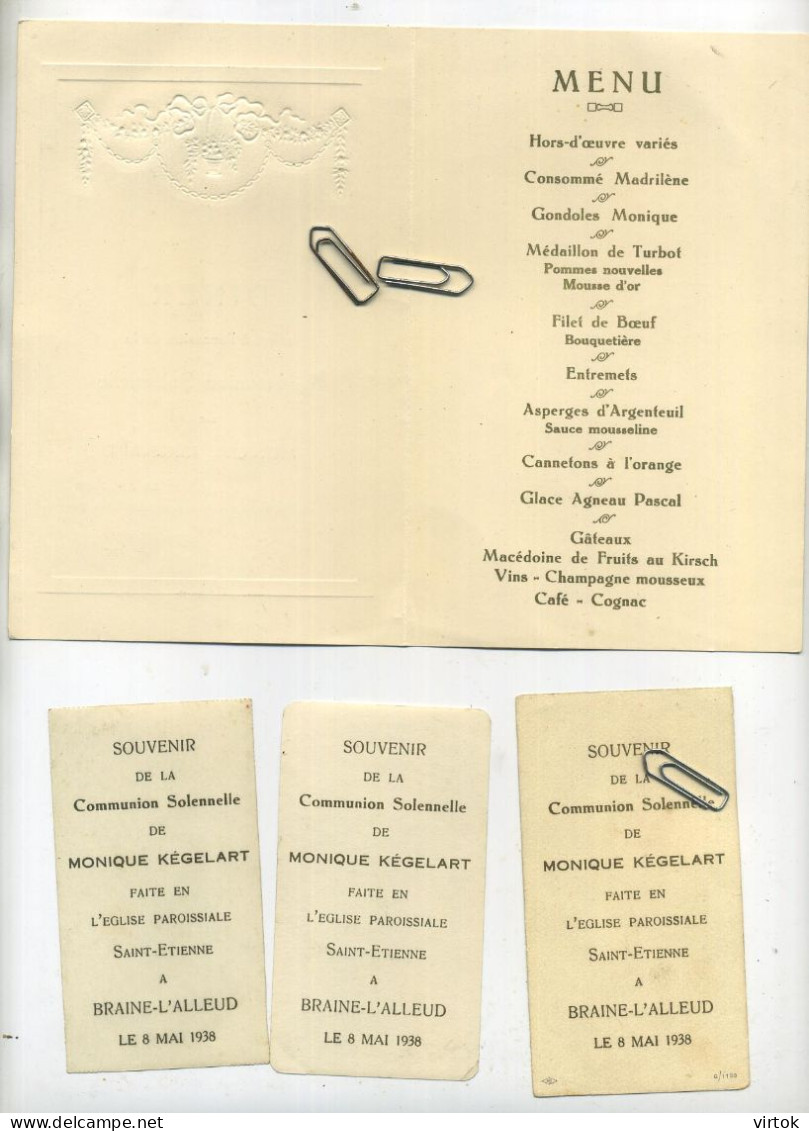 Braine-L'Alleud : DINER Communion Solennelle : Monique Kégelart 1938 +  3 Images Communion   ( 16.5 X 10.5 Cm ) - Menus