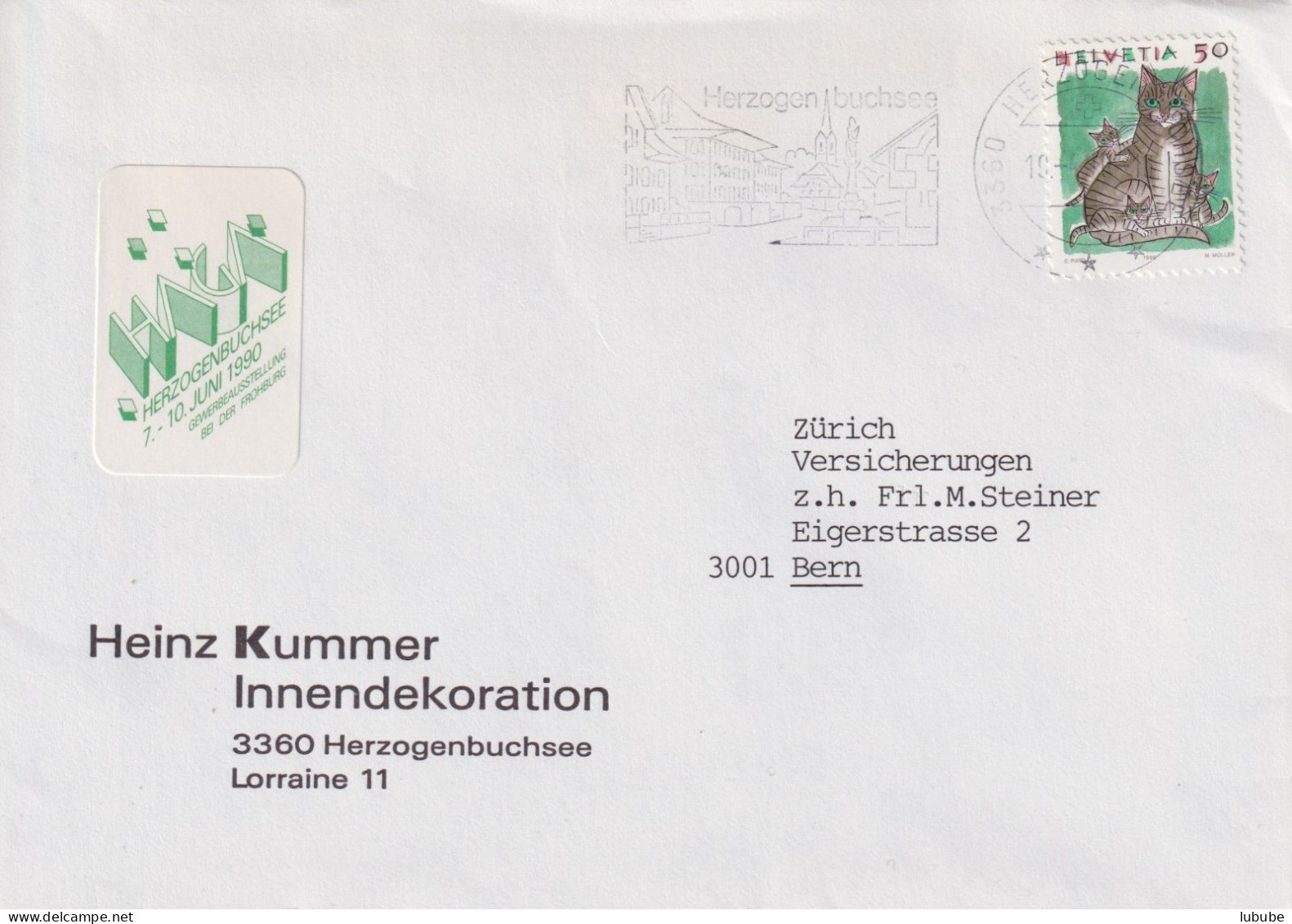 Motiv Brief  "Kummer Innendekoration, Herzogenbuchsee"  (Vignette HAGA)       1990 - Brieven En Documenten