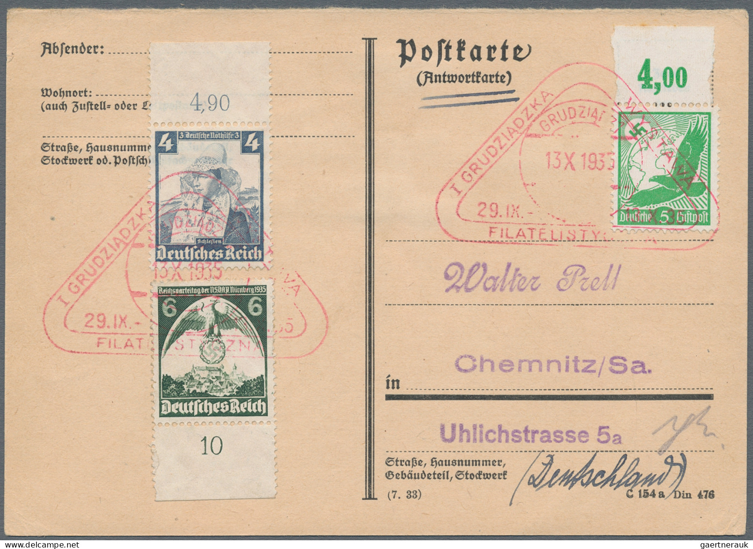 Deutsches Reich - 3. Reich: 1935, Lot Von Vier Aus Polen Zurückgelaufenen Antwor - Cartas & Documentos