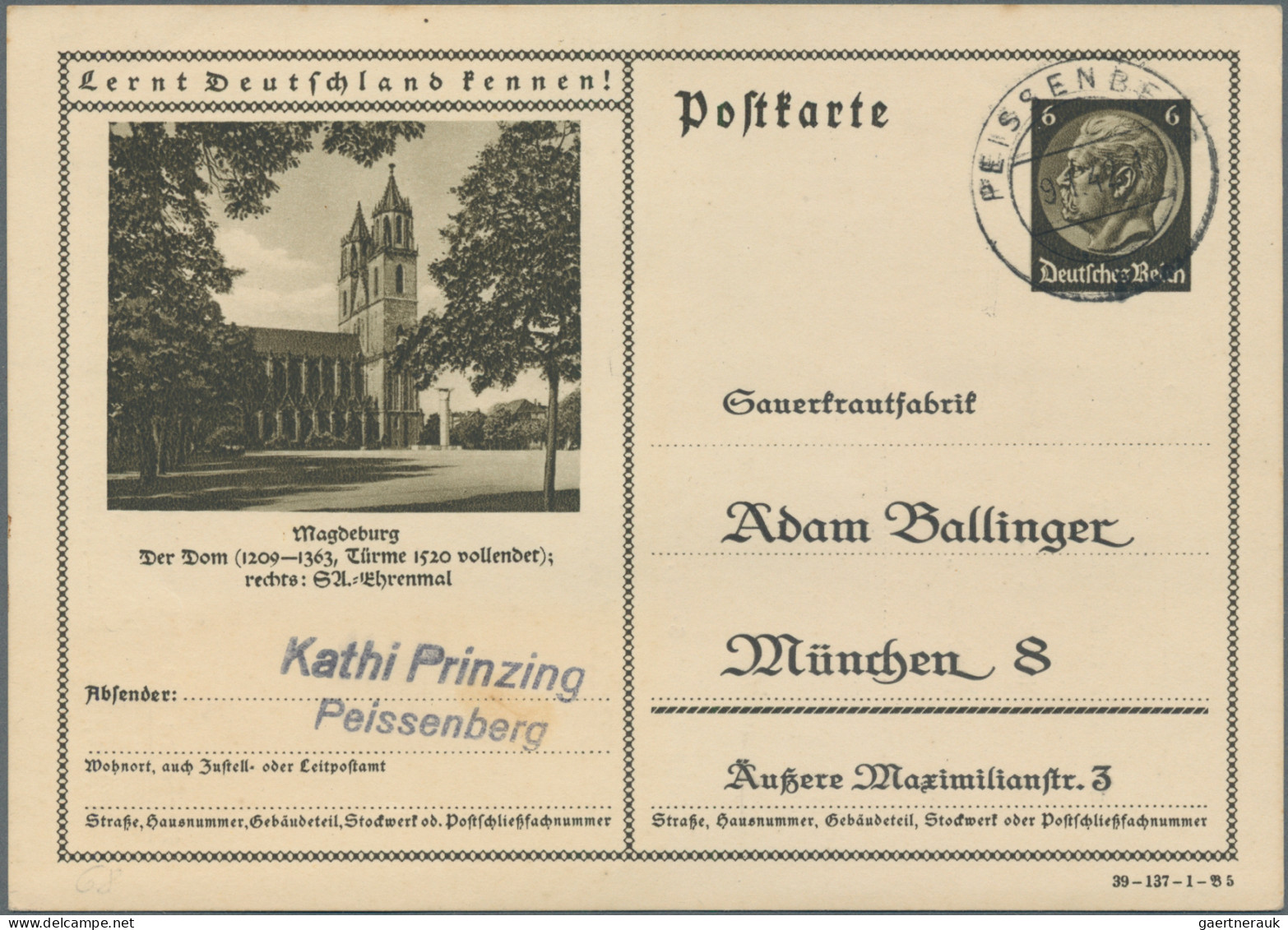 Deutsches Reich - Ganzsachen: 1938/1944, Bildganzsachenkarte 6 Pfg. Hindenburg d