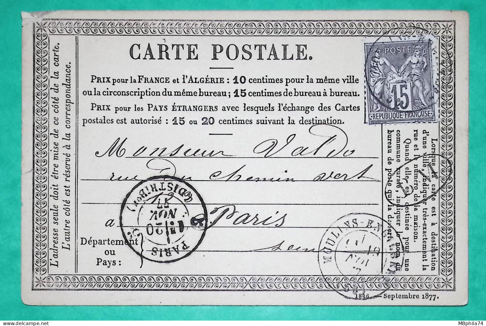 N°77 SAGE CARTE PRECURSEUR CAD TYPE 17 MOULINS ENGILBERT NIEVRE BM BOITE MOBILE POUR PARIS 1877 LETTRE COVER FRANCE - 1877-1920: Periodo Semi Moderno