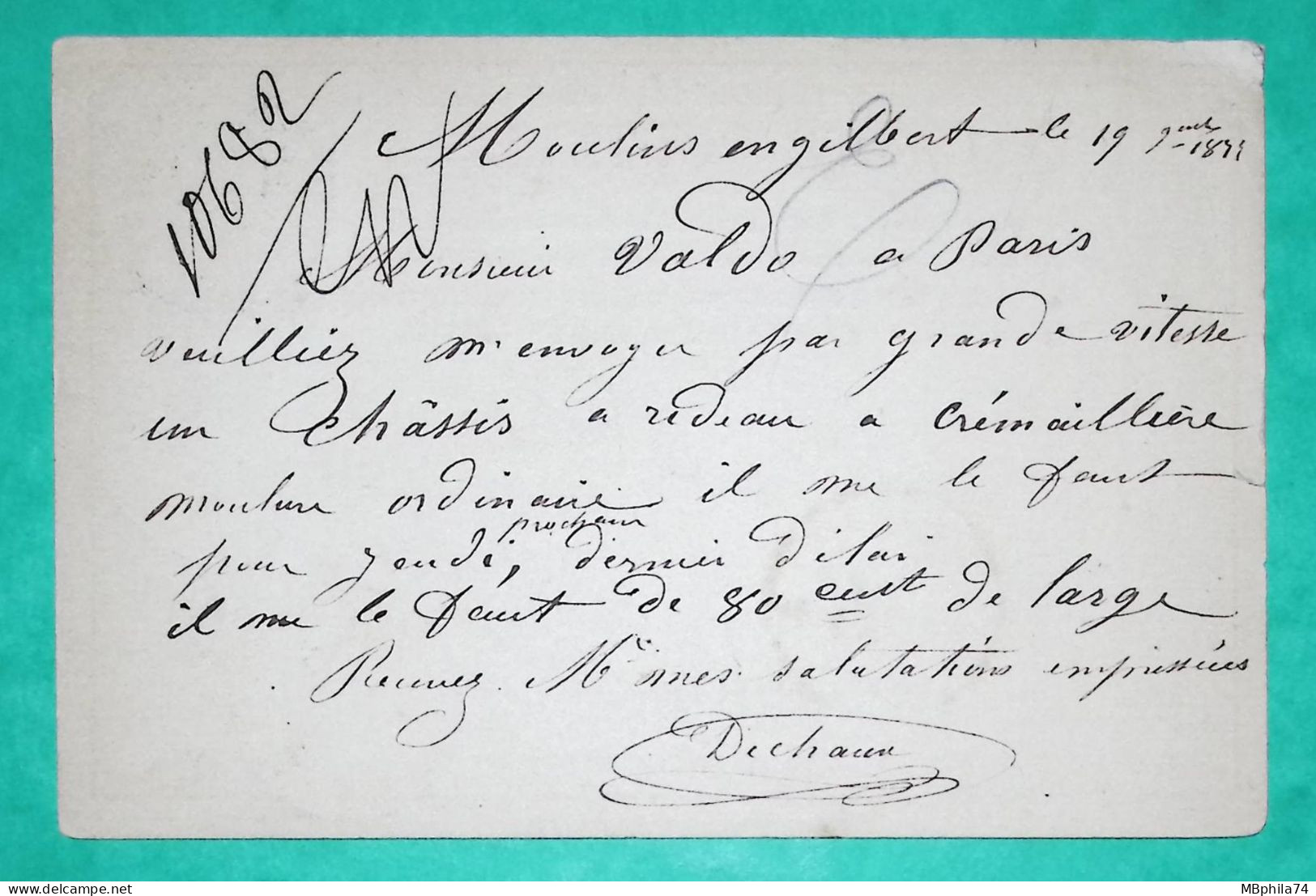 N°77 SAGE CARTE PRECURSEUR CAD TYPE 17 MOULINS ENGILBERT NIEVRE BM BOITE MOBILE POUR PARIS 1877 LETTRE COVER FRANCE - 1877-1920: Periodo Semi Moderno