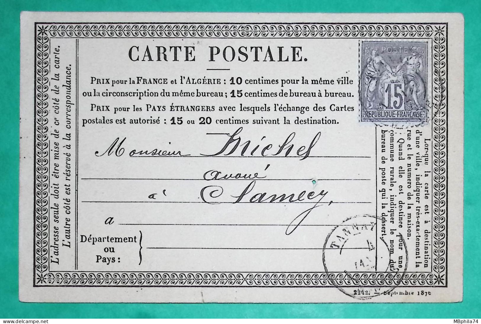 N°66 SAGE TYPE I CARTE PRECURSEUR CAD TYPE 18 TANNAY NIEVRE POUR CLAMECY 1877 LETTRE COVER FRANCE - 1877-1920: Periodo Semi Moderno